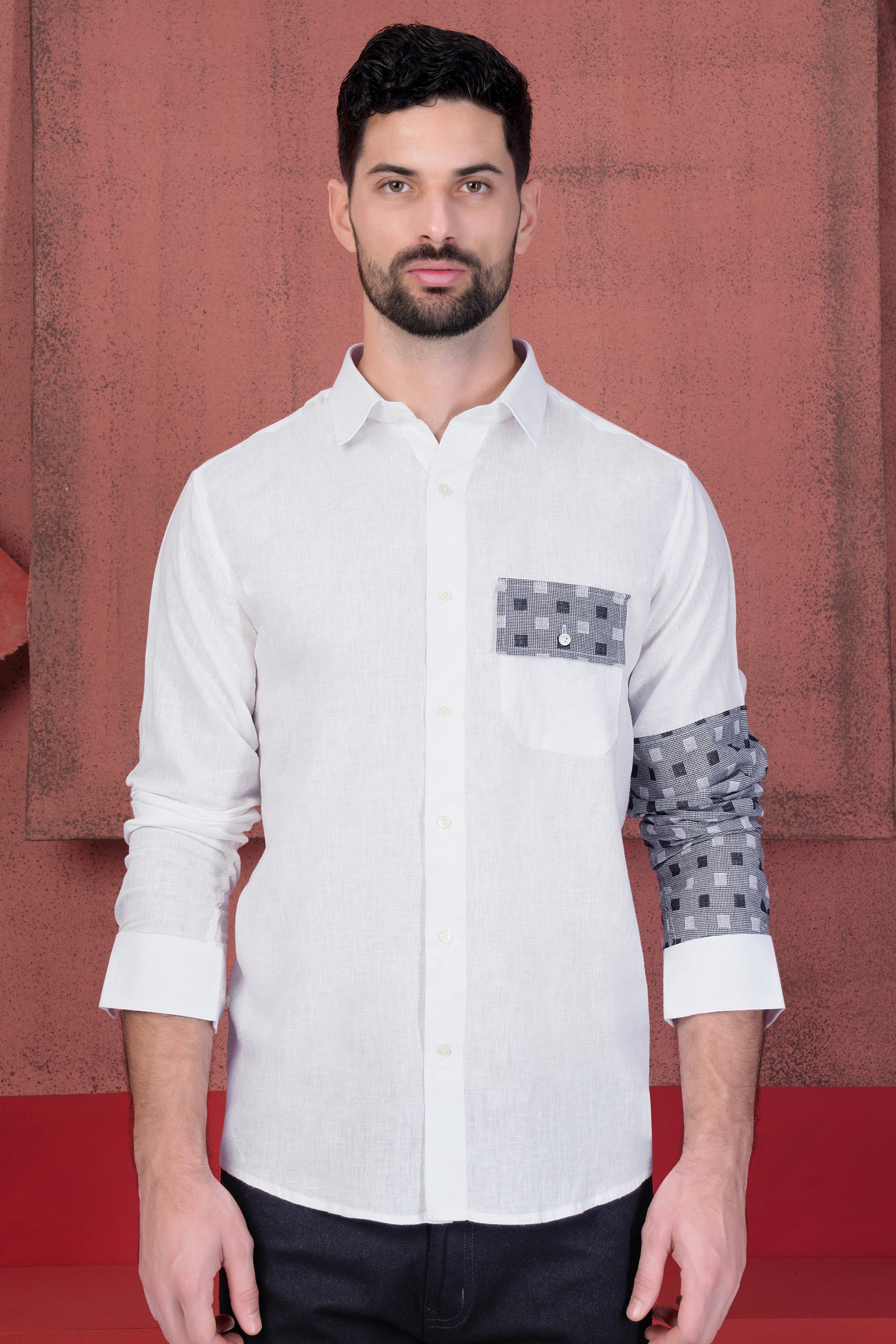 Bright White Mask Man Printed Luxurious Linen Designer Shirt