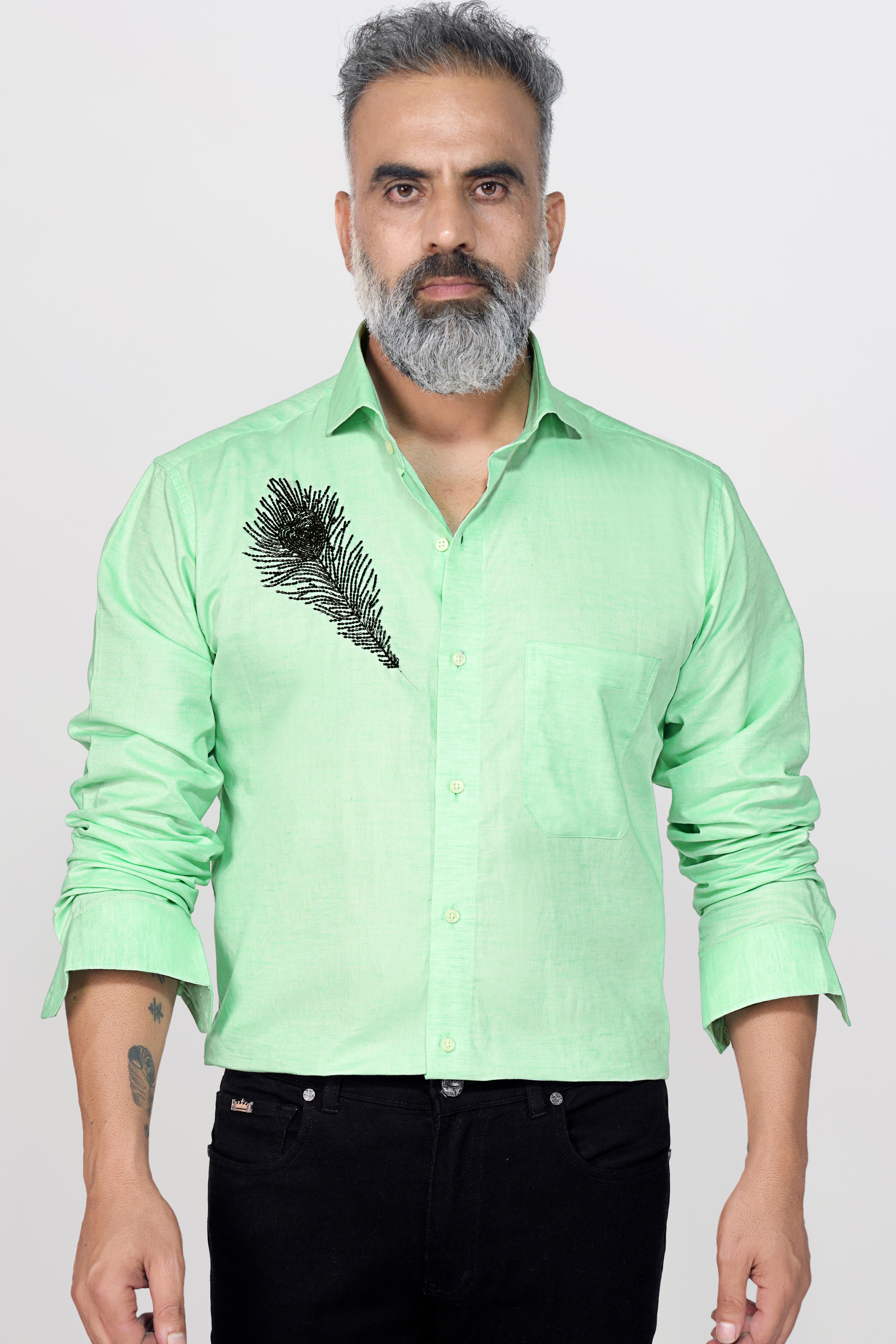 Vista Green Peacock Feather Hand Embroidered Royal Oxford Designer Shirt