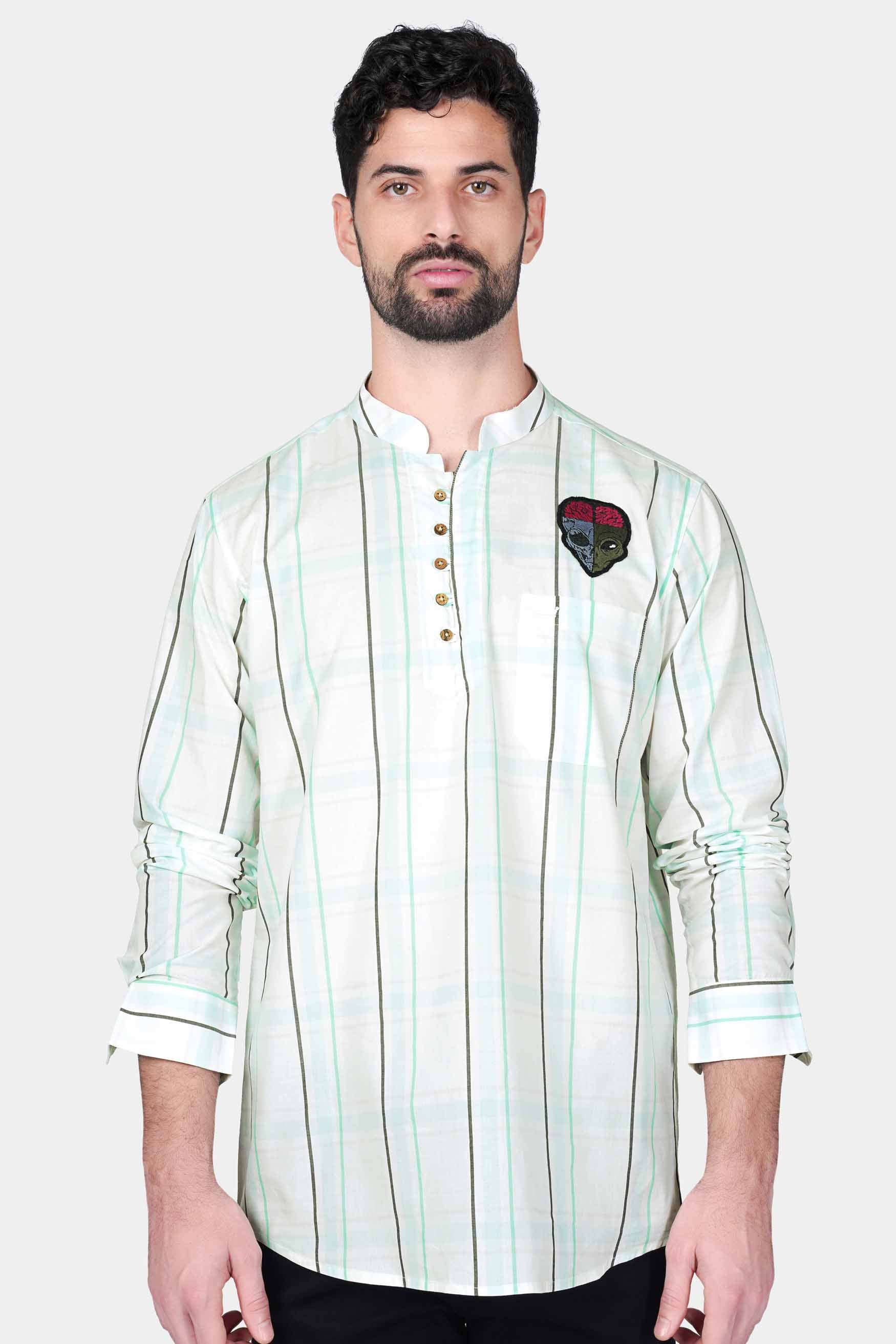 Bright White with Cruise Green and Iridium Gray Striped with Alien Patchwork Premium Cotton Designer Kurta Shirt 8181-KS-E336-38, 8181-KS-E336-H-38, 8181-KS-E336-39, 8181-KS-E336-H-39, 8181-KS-E336-40, 8181-KS-E336-H-40, 8181-KS-E336-42, 8181-KS-E336-H-42, 8181-KS-E336-44, 8181-KS-E336-H-44, 8181-KS-E336-46, 8181-KS-E336-H-46, 8181-KS-E336-48, 8181-KS-E336-H-48, 8181-KS-E336-50, 8181-KS-E336-H-50, 8181-KS-E336-52, 8181-KS-E336-H-52