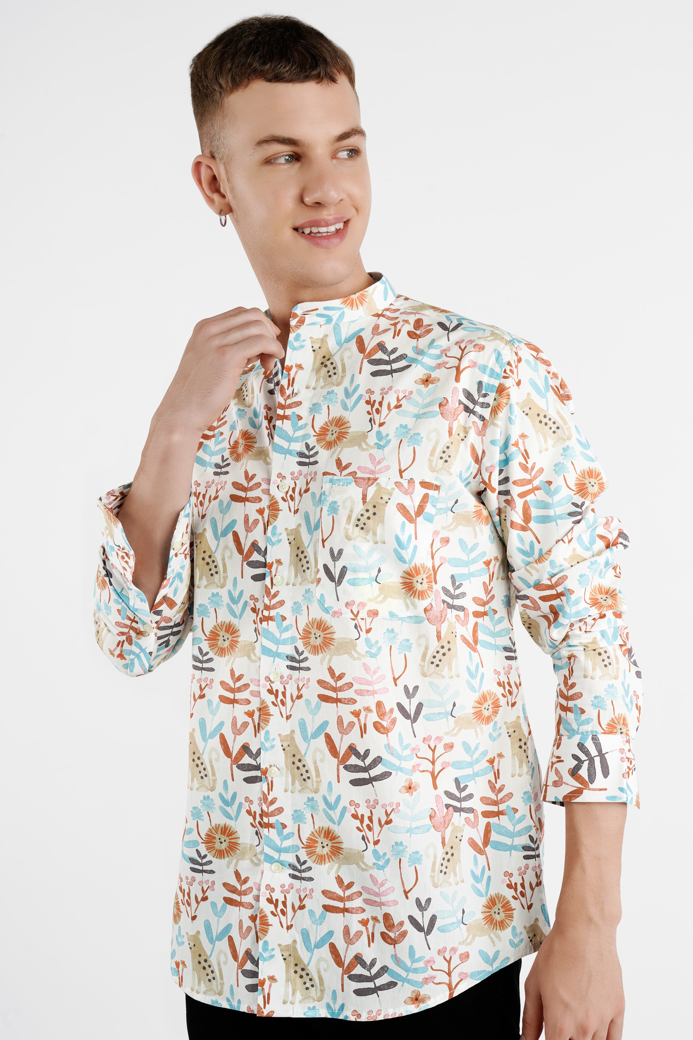 Bright White Multicolour Printed with Embroidered Mickey Patchwork Premium Cotton Designer Shirt