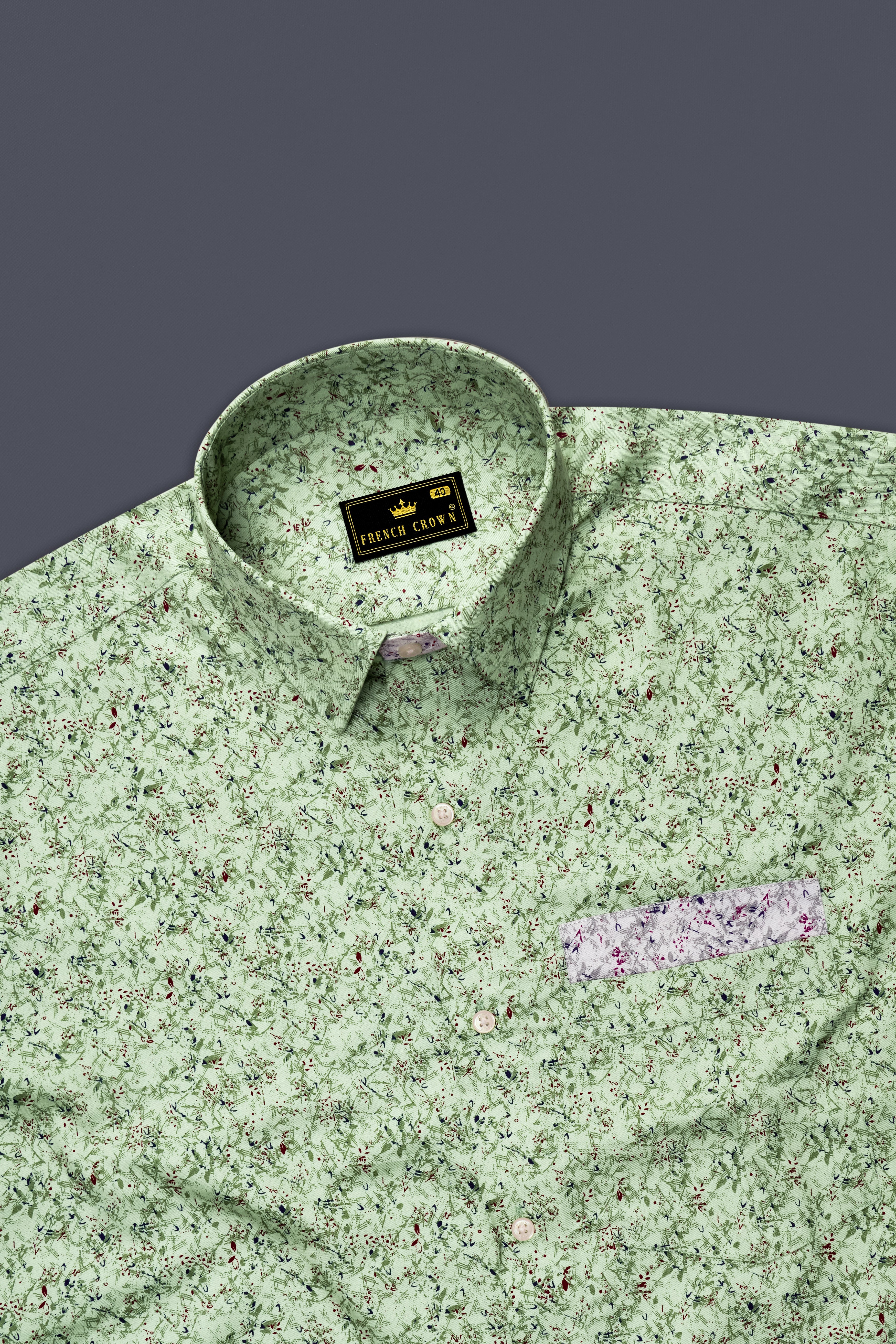 Clay Ash Green with Metallic Gray Ditsy Printed Twill Premium Cotton Designer Shirt