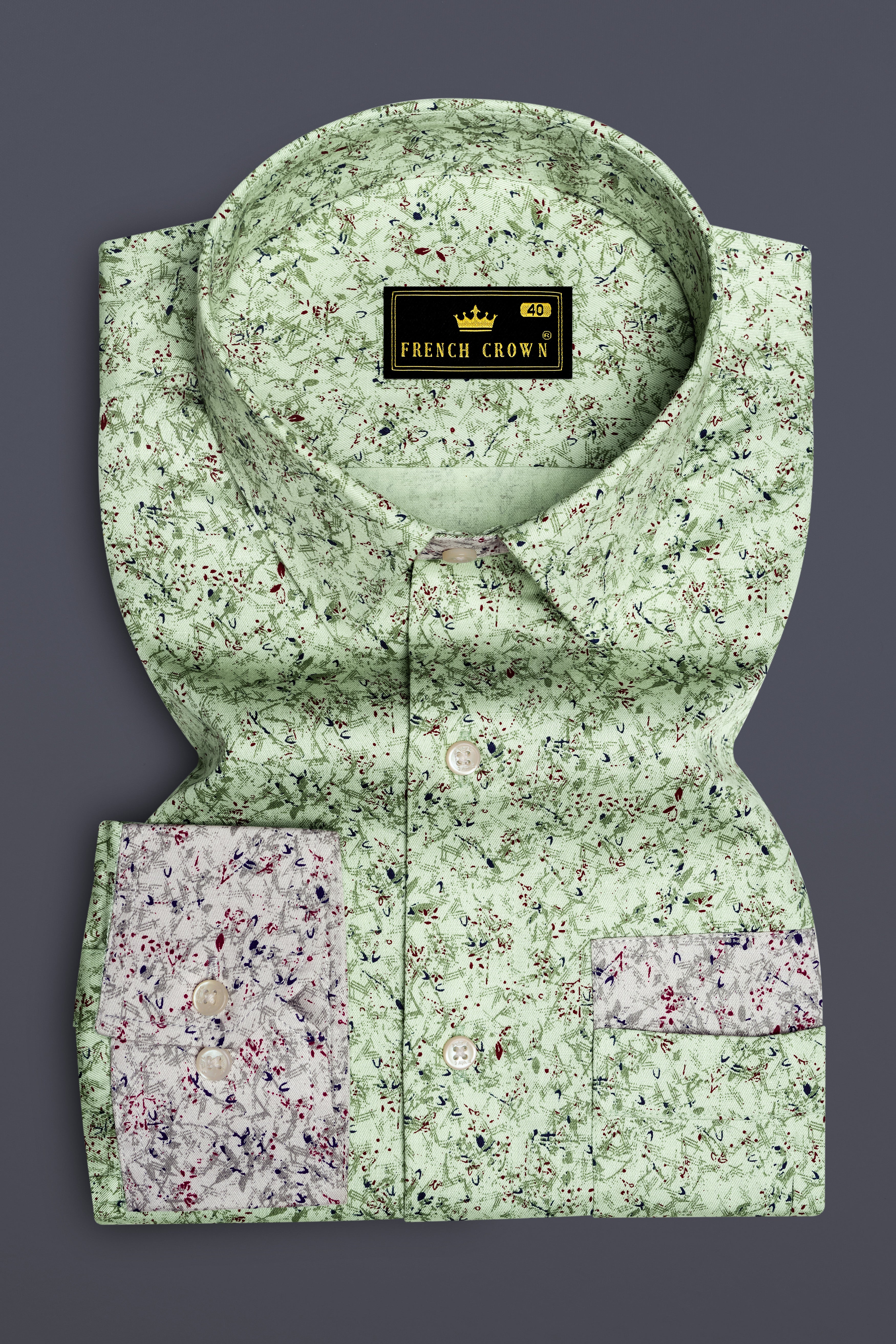 Clay Ash Green with Metallic Gray Ditsy Printed Twill Premium Cotton Designer Shirt