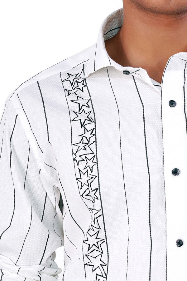 Bright White and Black Striped with Stars Hand Painted Dobby Premium Giza Cotton Designer Shirt