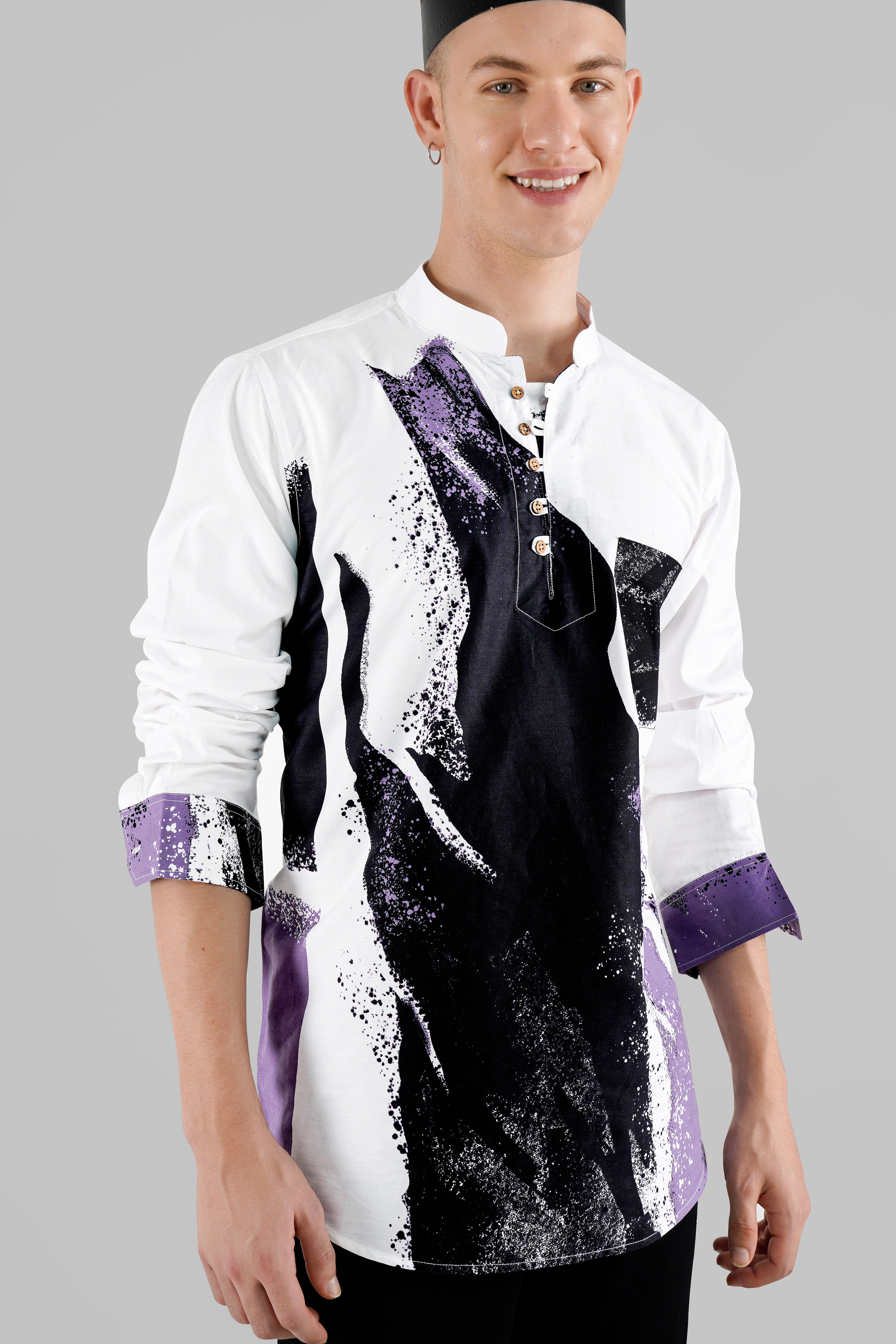 Bright White with Funky Printed French Crown Premium Cotton Designer Kurta Shirt