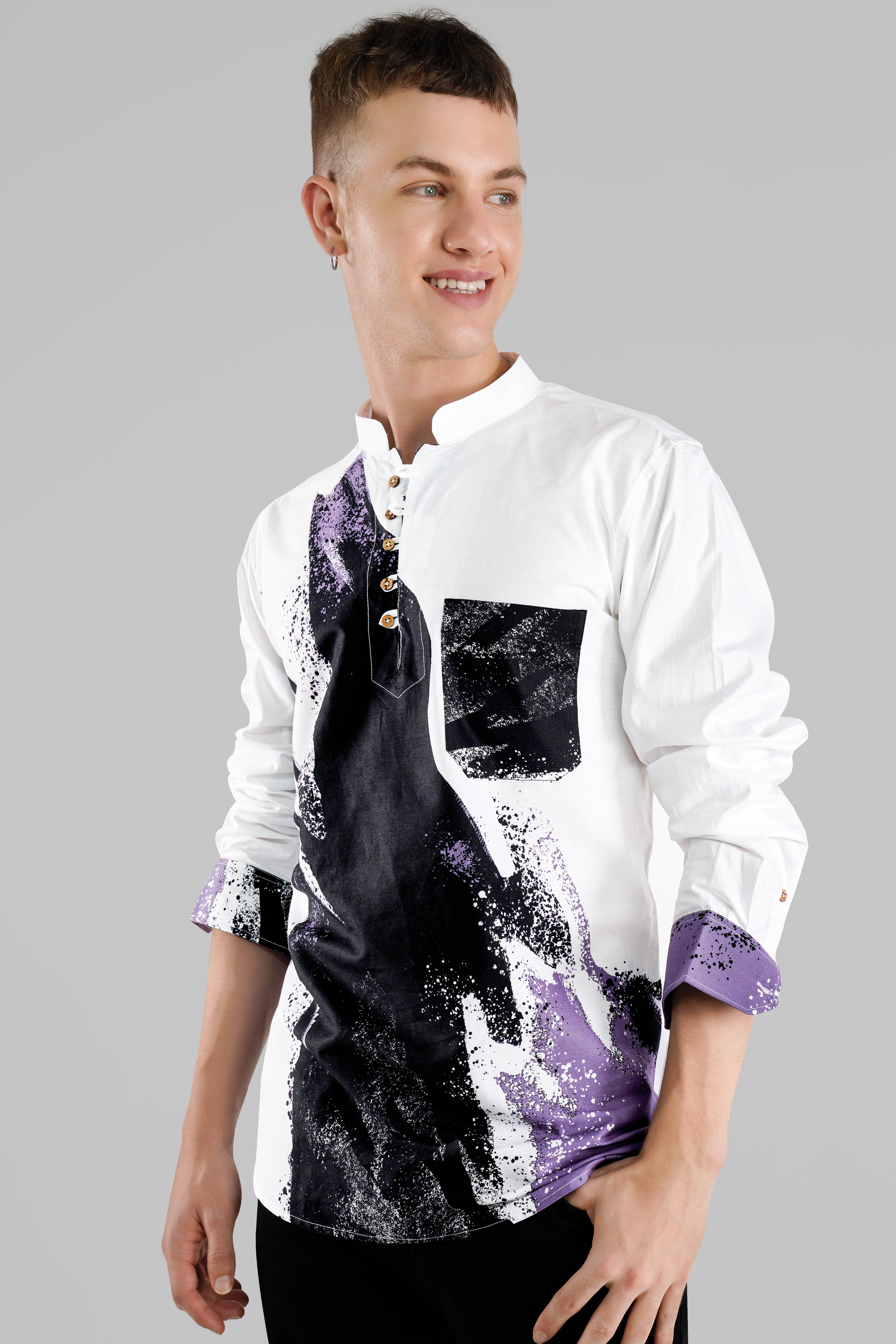 Bright White with Viola Purple and Black Printed Premium Cotton Kurta Shirt