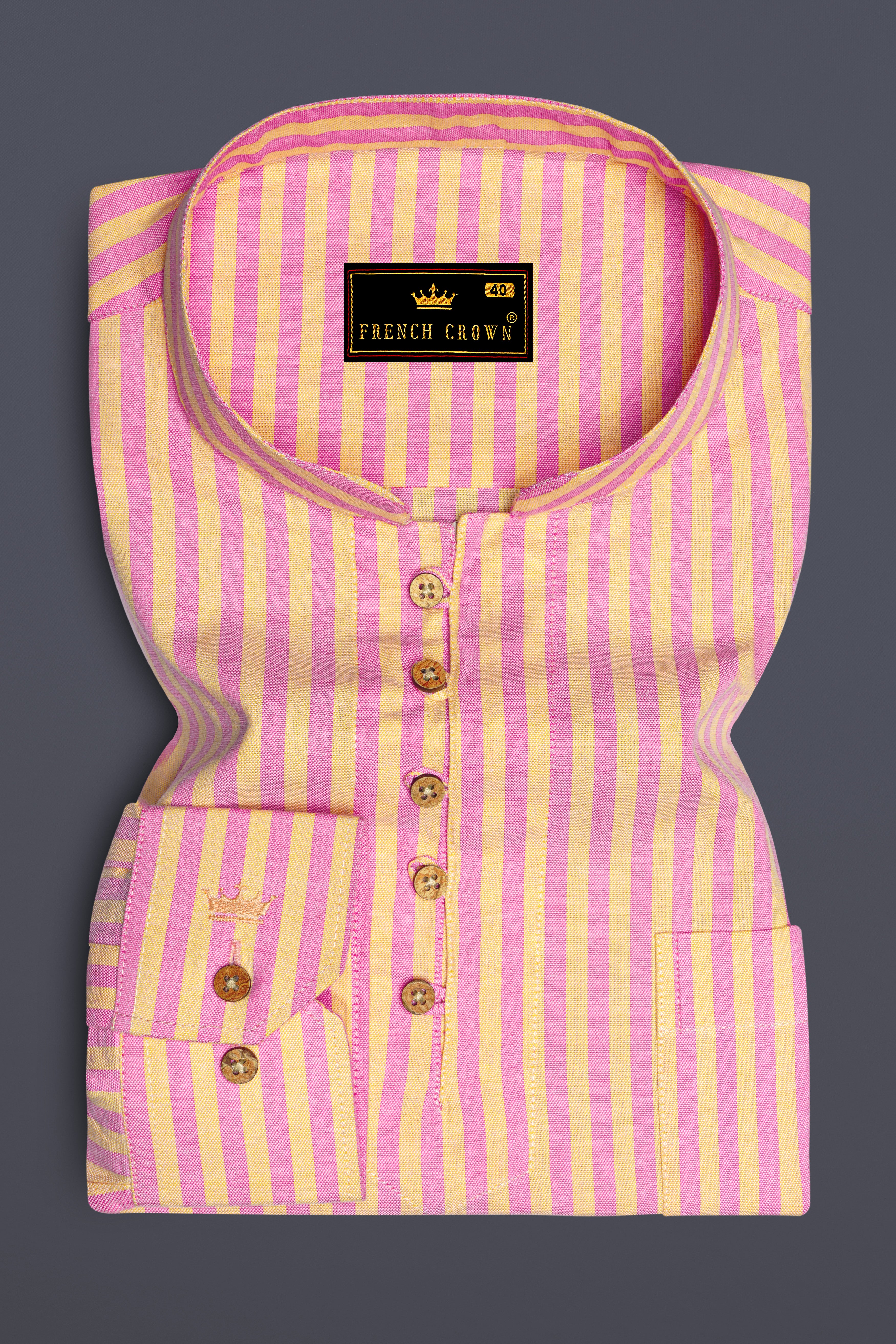 Marzipan Yellow and Pastel Pink Striped Royal Oxford Kurta Shirt