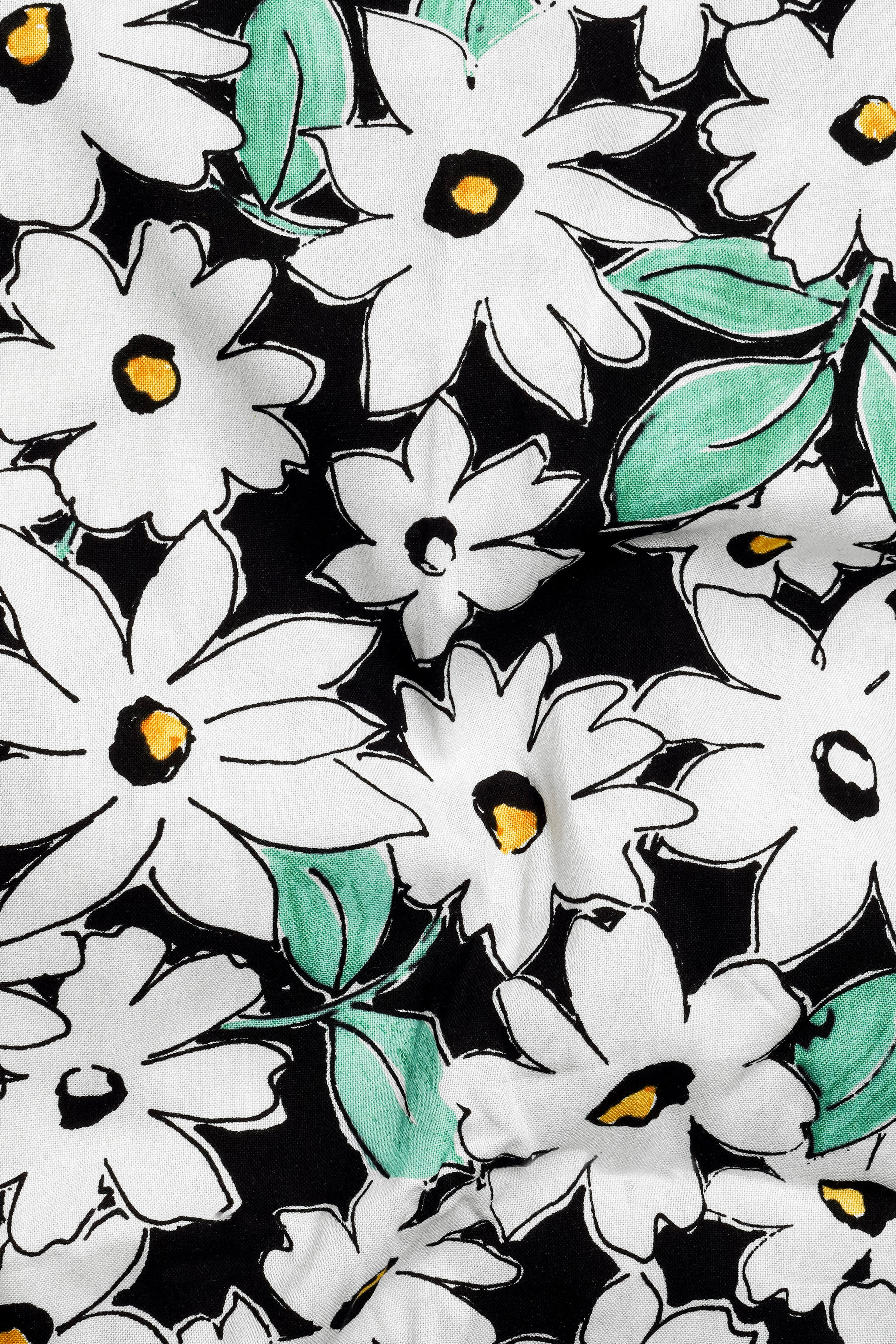 Bright White and Jade Black Floral Printed Premium Tencel Kurta Shirt