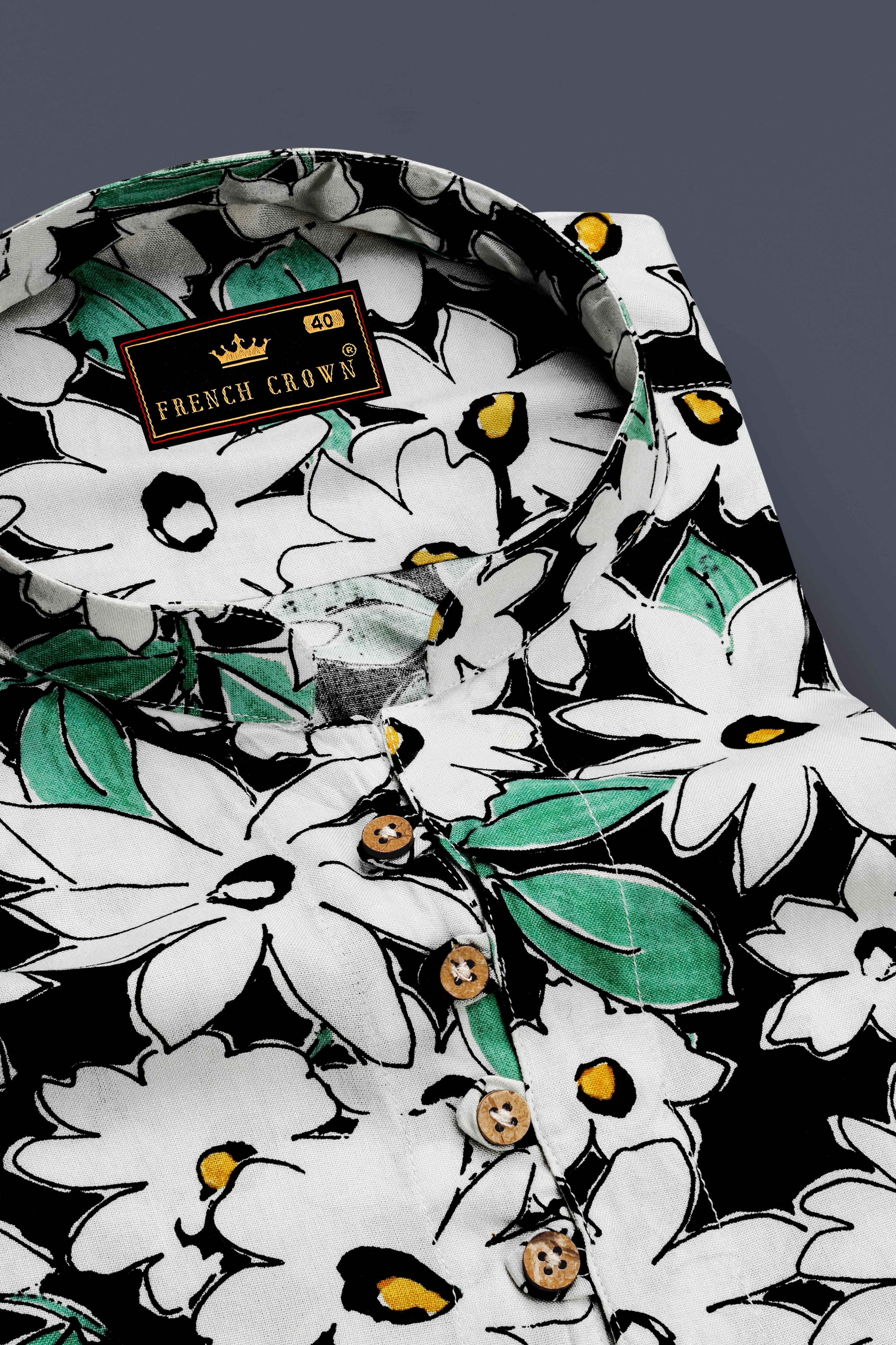 Bright White and Jade Black Floral Printed Premium Tencel Kurta Shirt