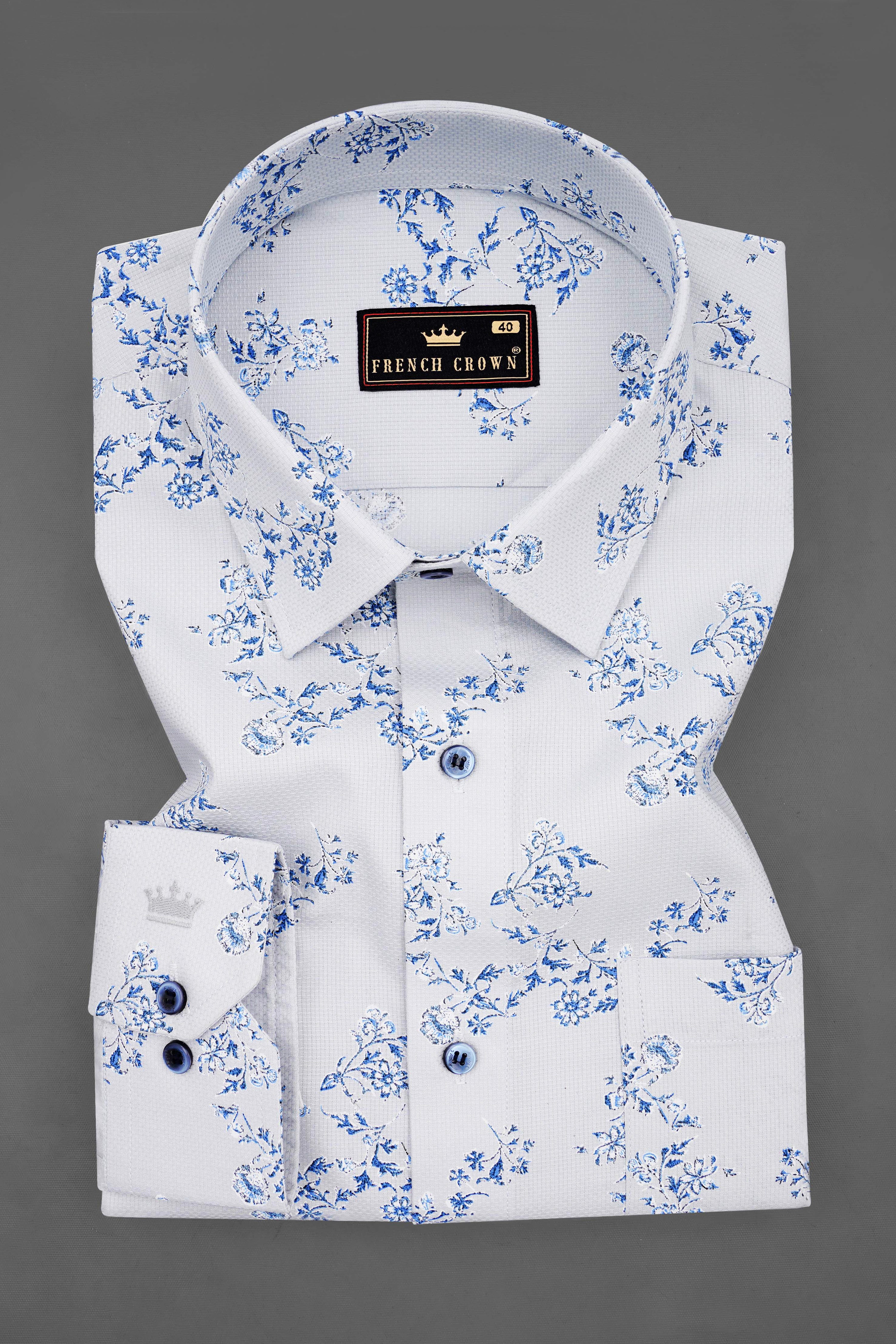 Zircon Grey and Celestial Blue Floral Print Dobby Textured Giza Cotton Shirt