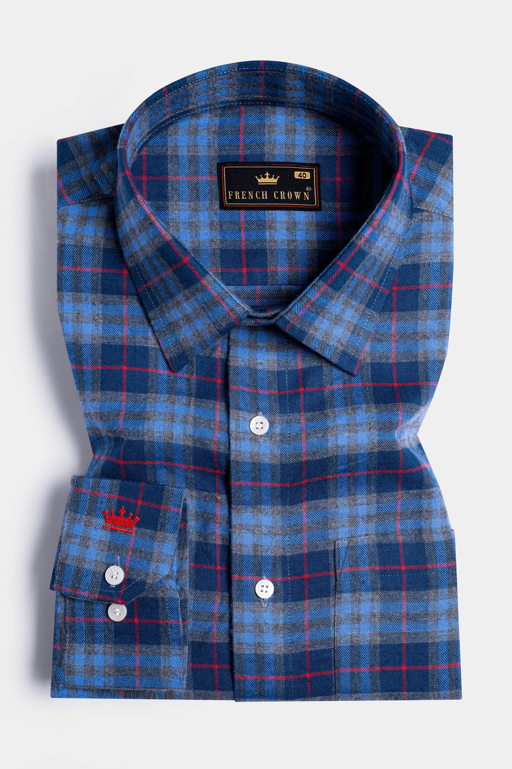 Midnight Blue and Shiraz Red Twill Plaid with Funky Patchwork Premium Cotton Designer Shirt