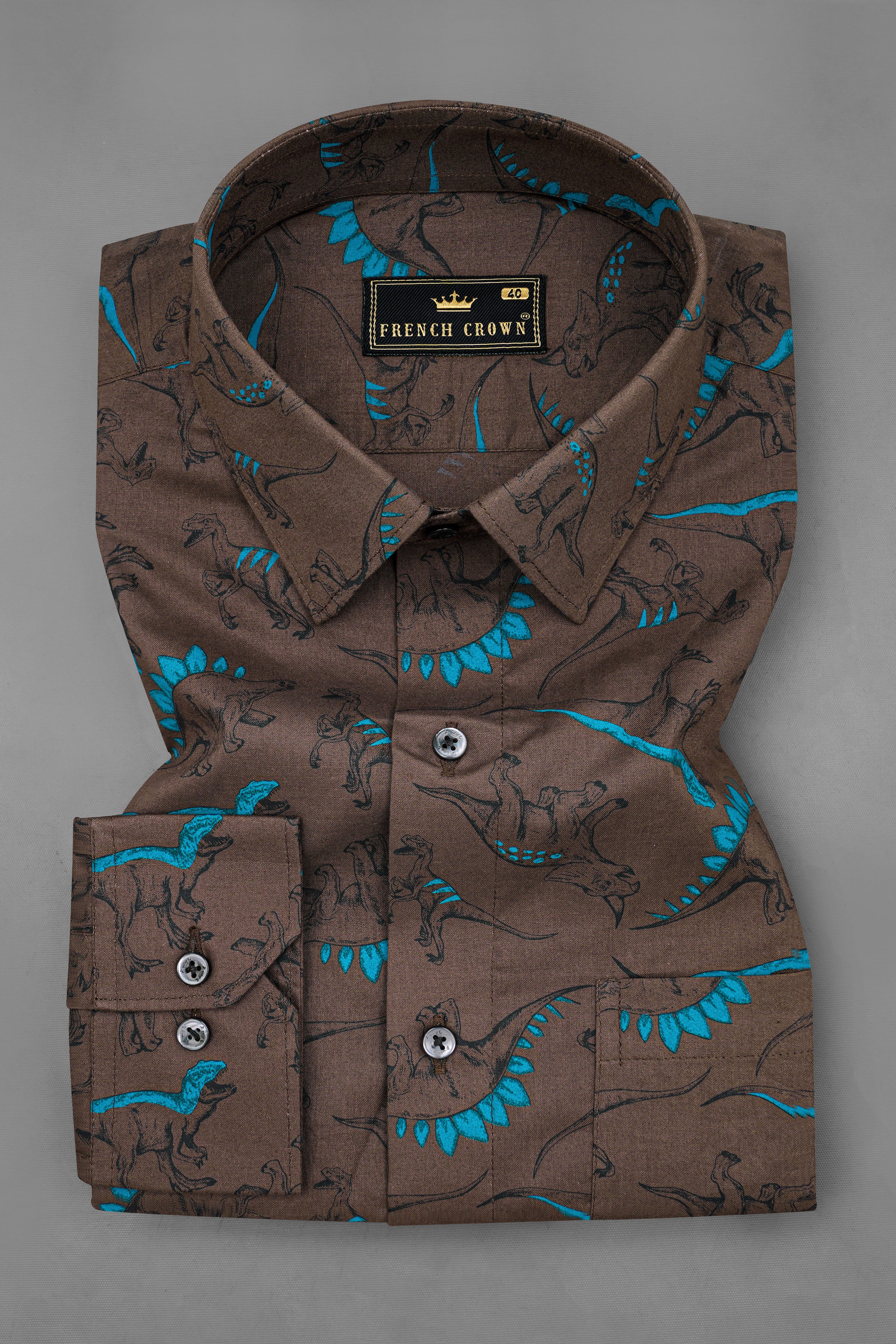 Matterhorn Brown and Deep Cerulean Blue Dinosaur Printed Premium Cotton Shirt