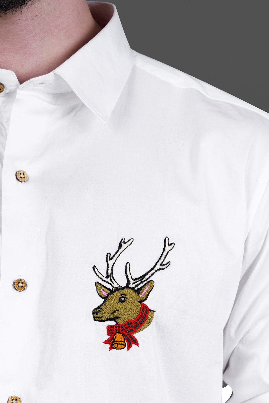Bright White Deer Embroidered Casual Plain-Solid Premium Cotton