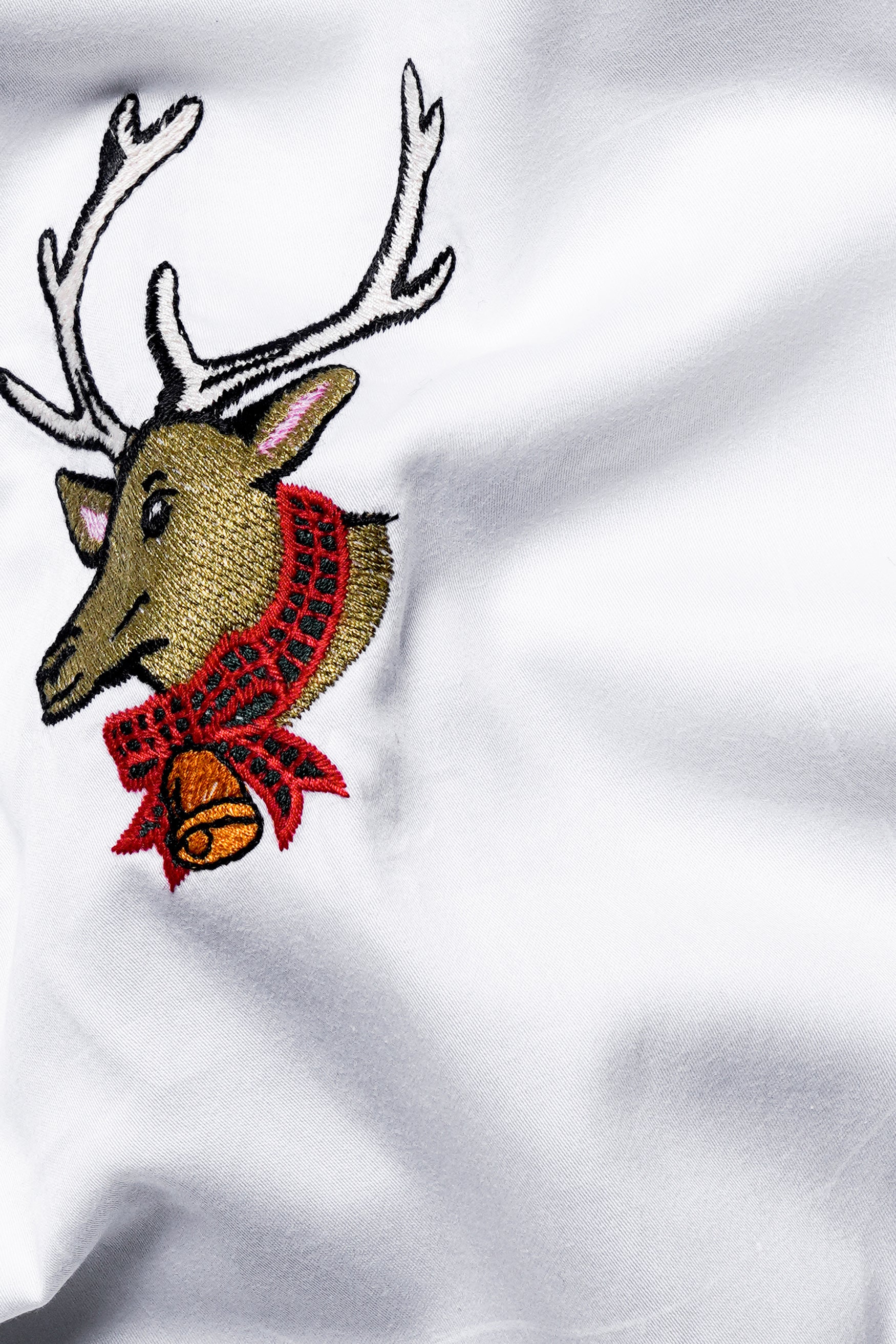 Bright White Subtle Sheen Deer Embroidered Super Soft Premium Cotton Shirt