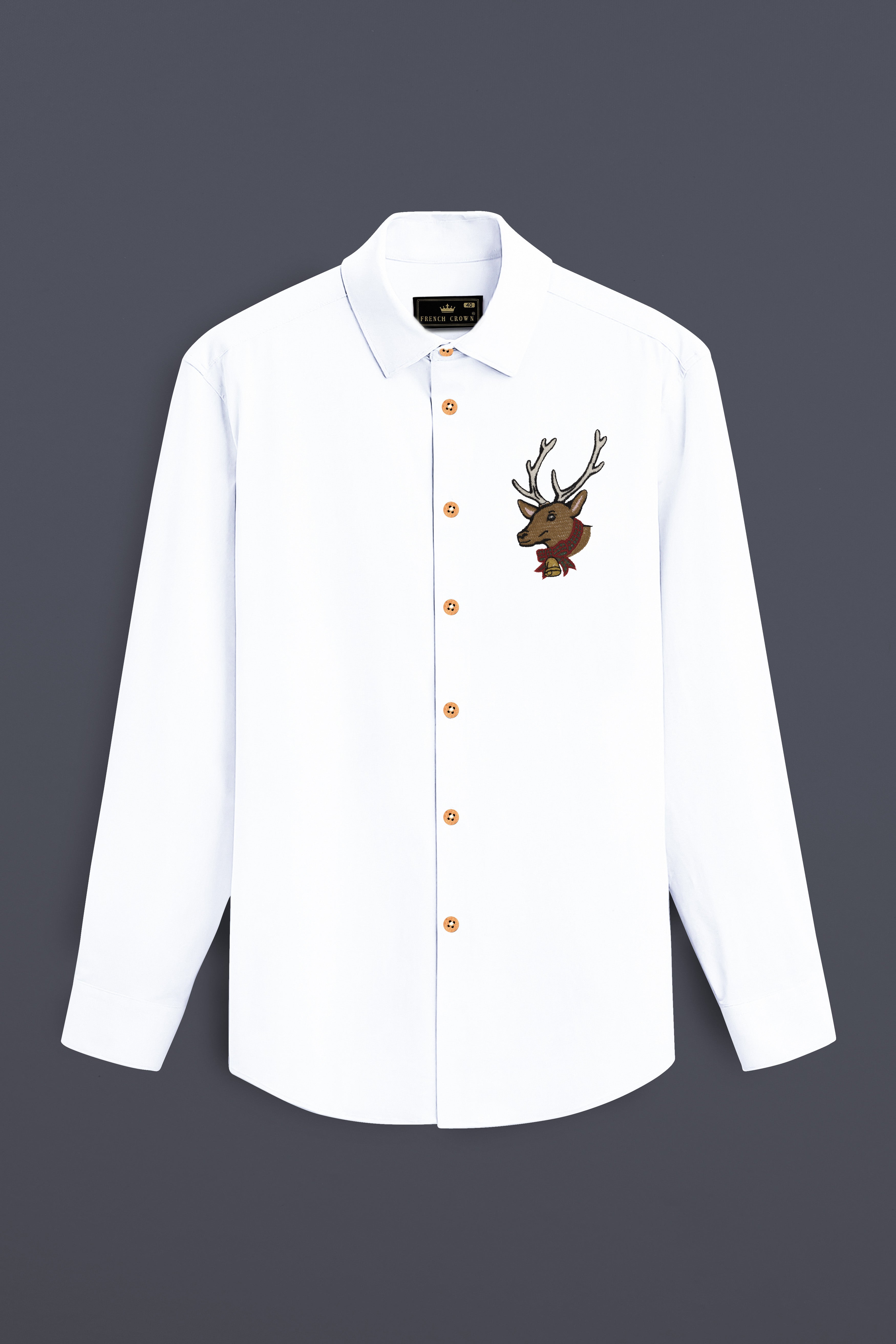 Bright White Subtle Sheen Deer Embroidered Super Soft Premium Cotton Shirt