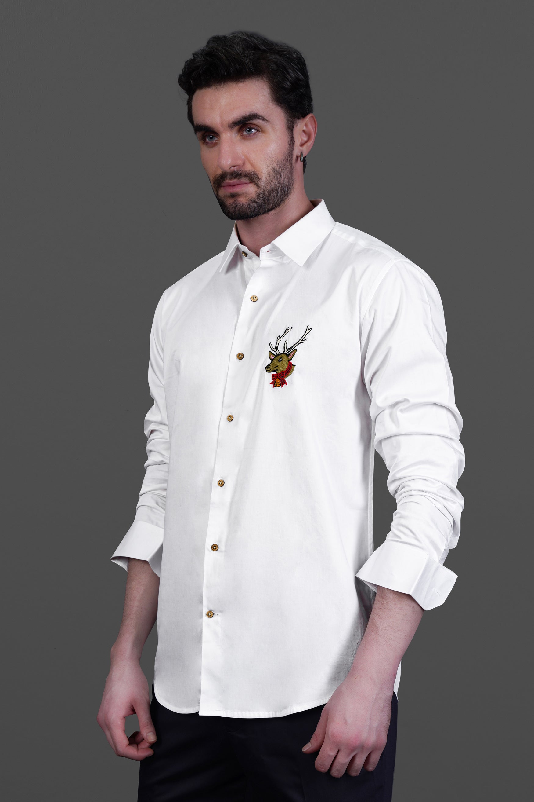 Bright White Subtle Sheen Deer Embroidered Super Soft Premium Cotton Shirt