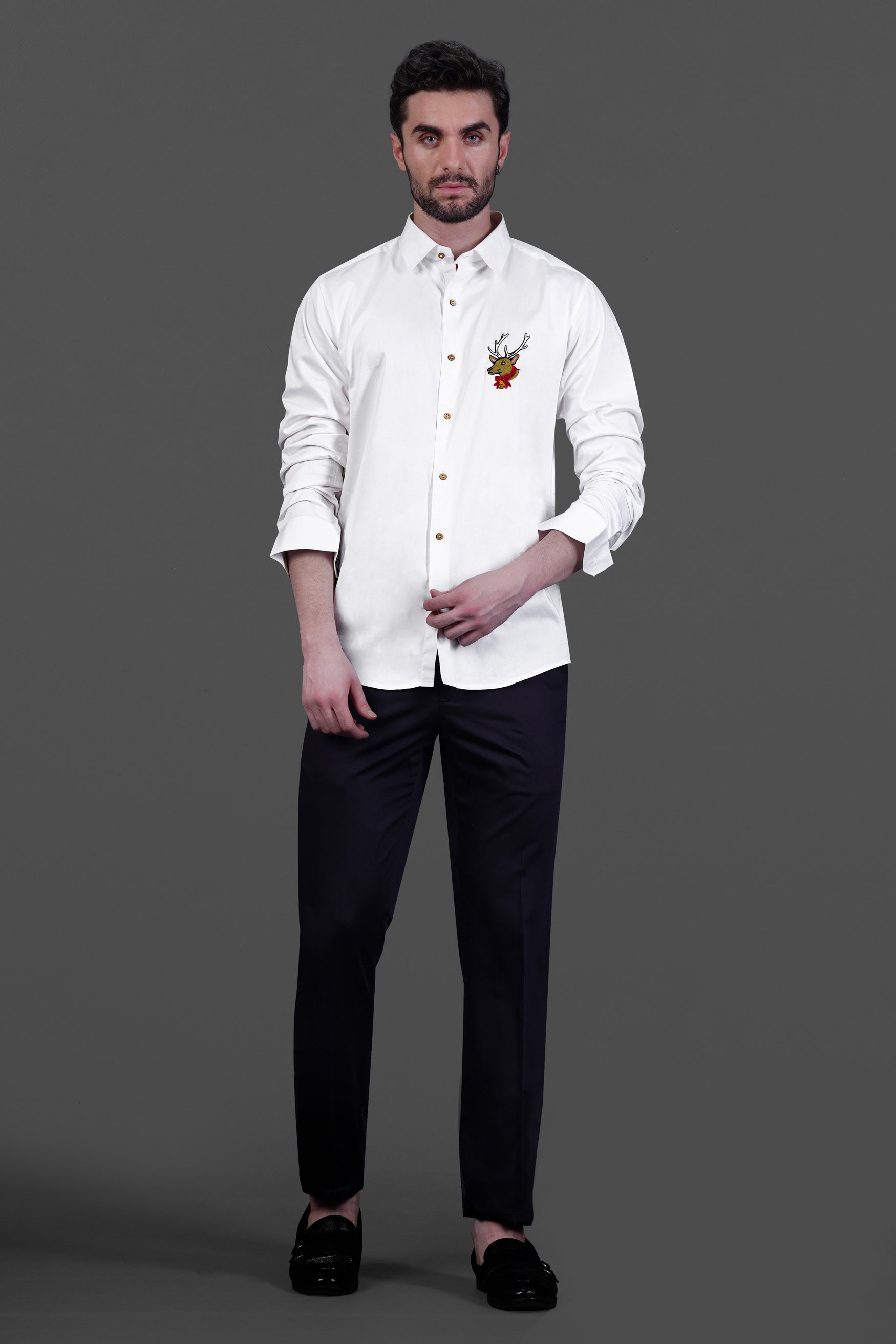 Bright White Subtle Sheen Deer Embroidered Super Soft Premium Cotton Shirt