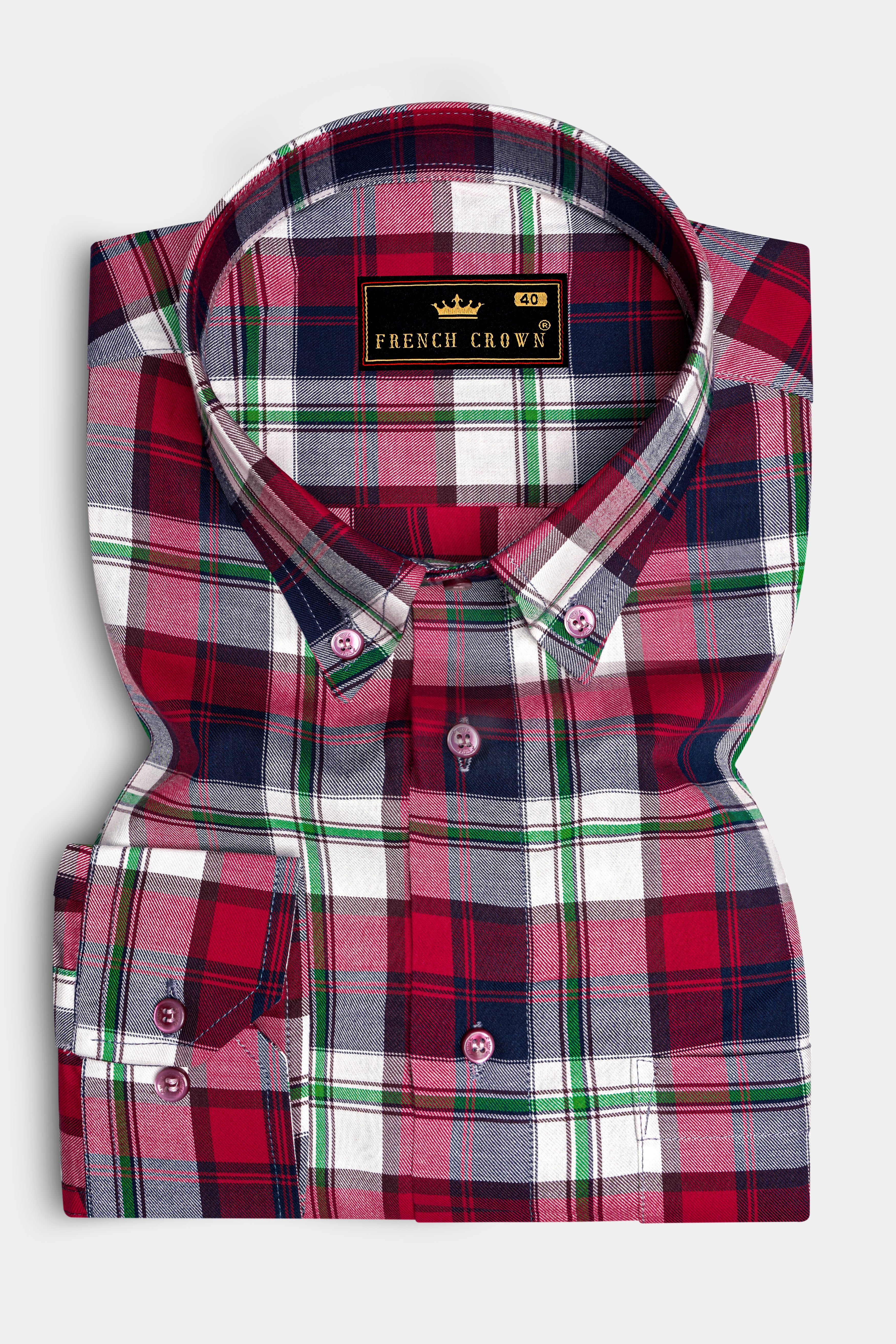 Bright White with Tamarillo Red and Caribbean Green Twill Windowpane Premium Cotton Shirt