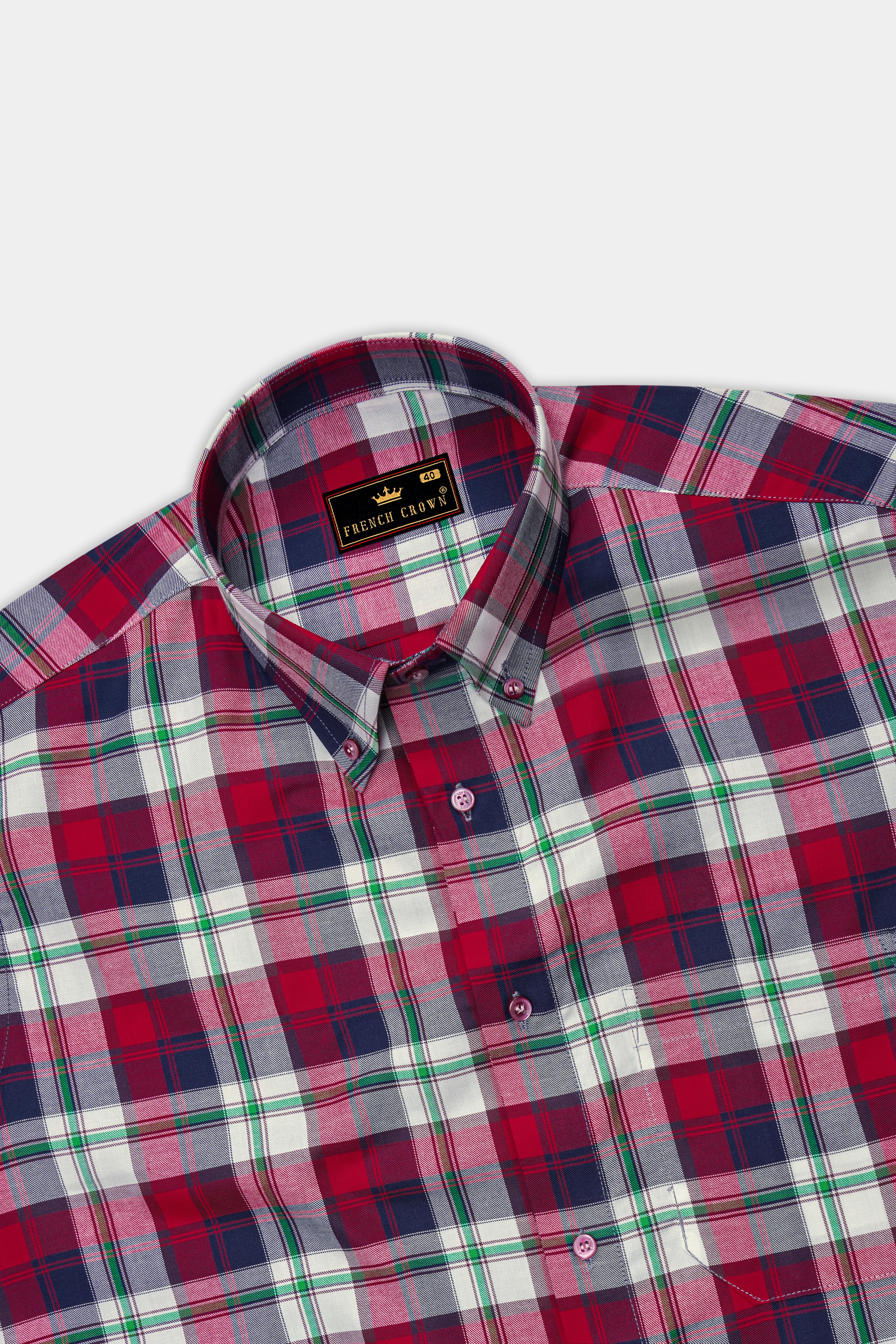 Bright White with Tamarillo Red and Caribbean Green Twill Windowpane Premium Cotton Shirt