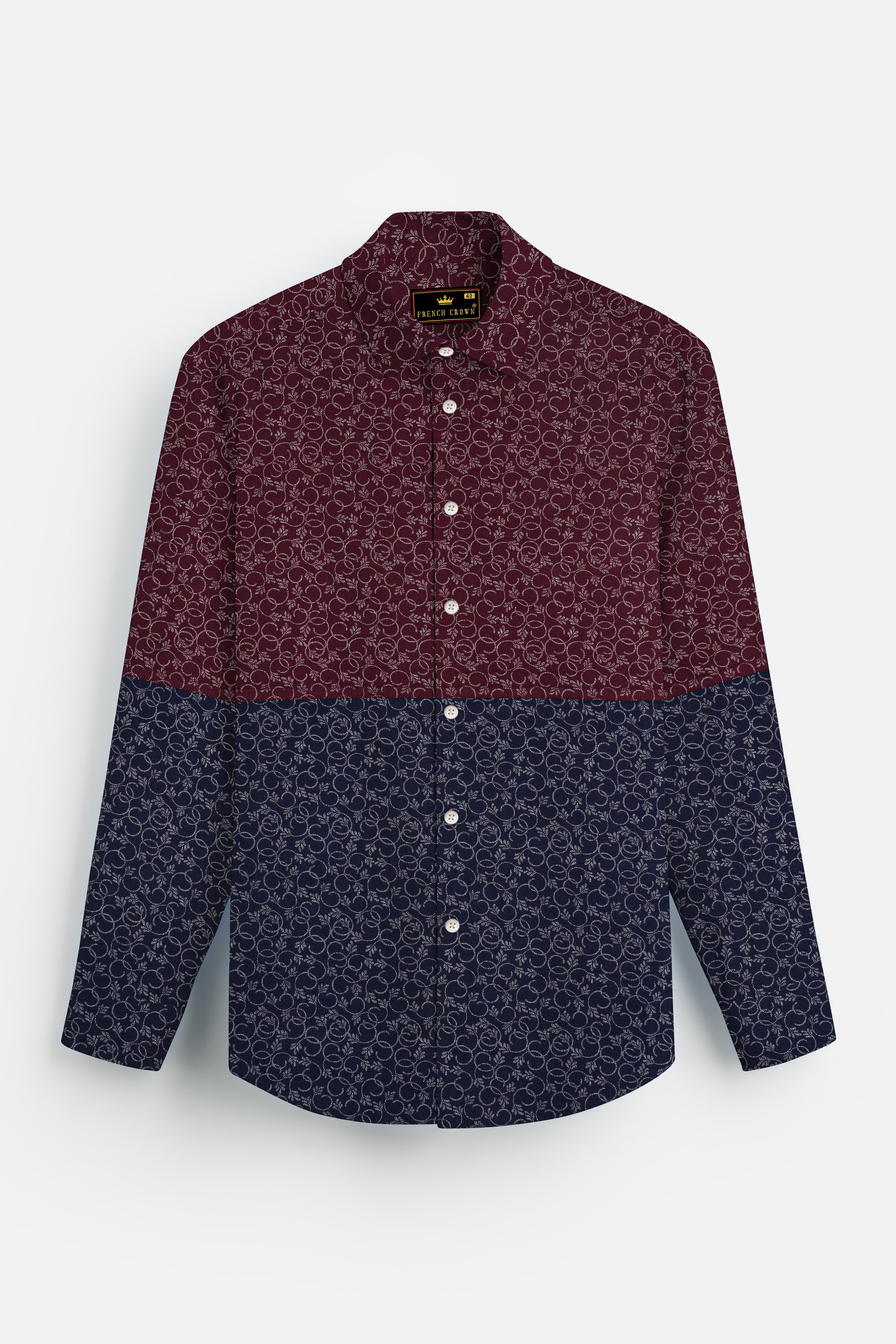 Half Lonestar Maroon and Half Ebony Clay Blue Ditsy Printed Twill Premium Cotton Designer Shirt