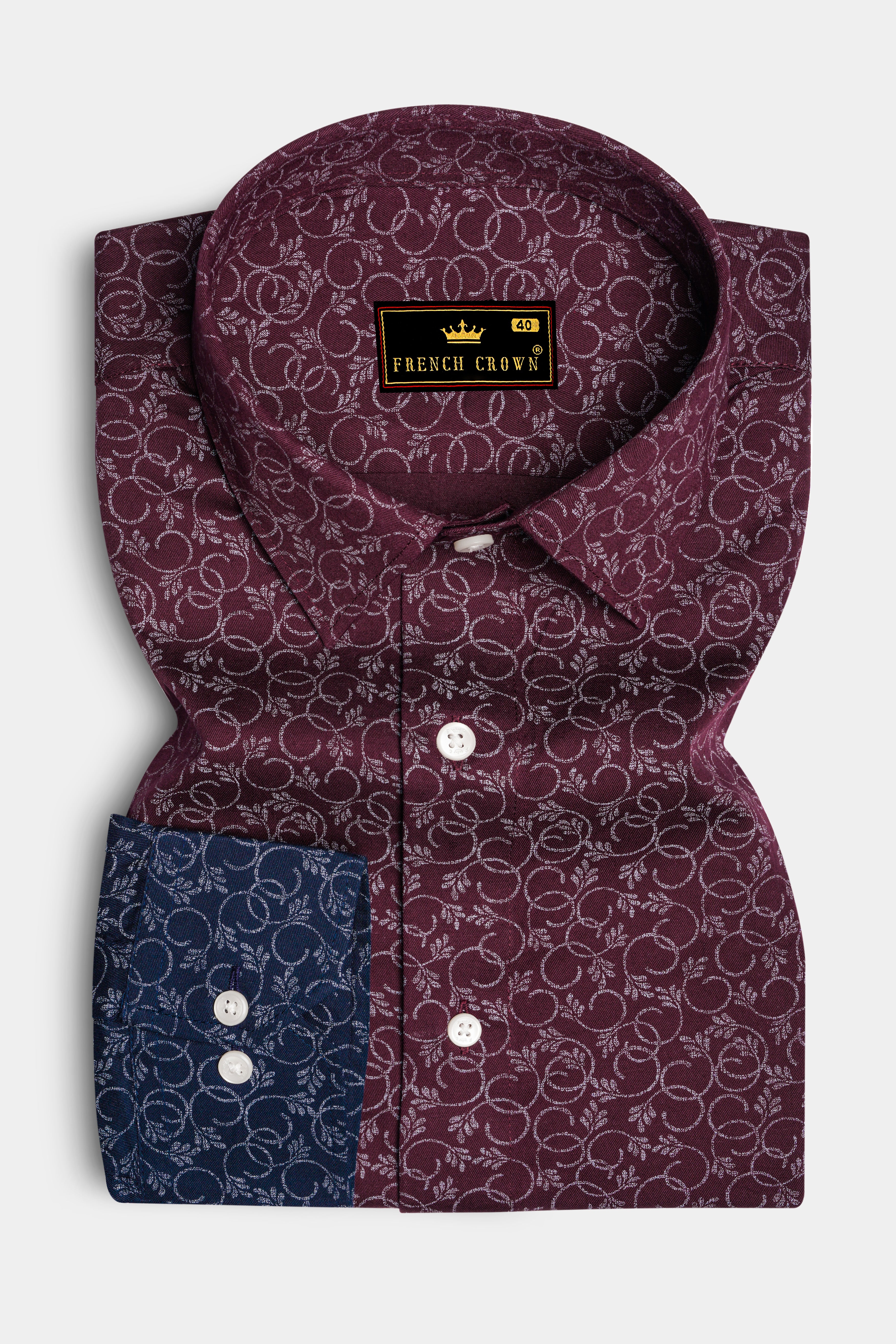 Half Lonestar Maroon and Half Ebony Clay Blue Ditsy Printed Twill Premium Cotton Designer Shirt