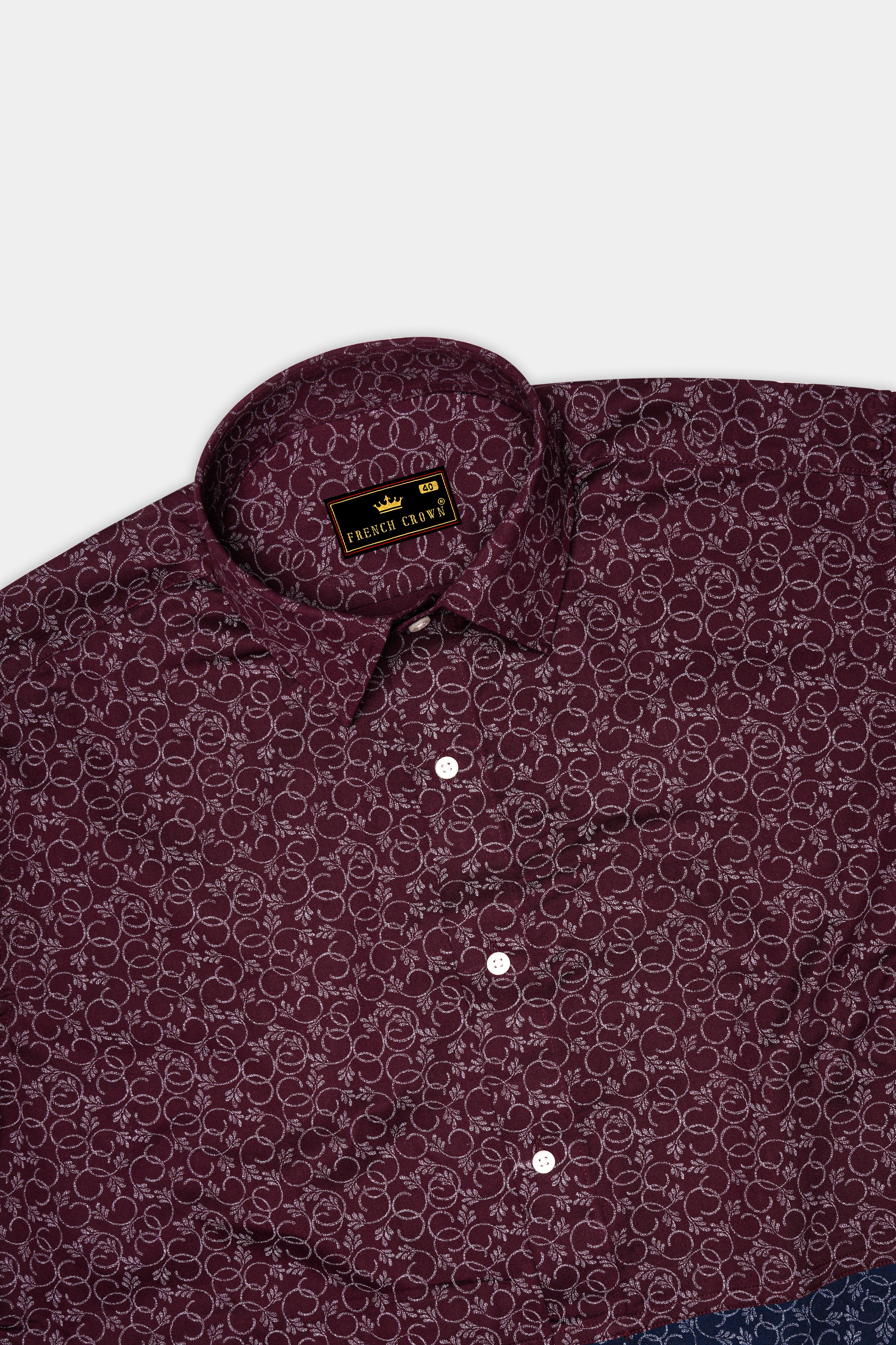 Half Lonestar Maroon and Half Ebony Clay Blue Ditsy Printed Twill Premium Cotton Designer Shirt