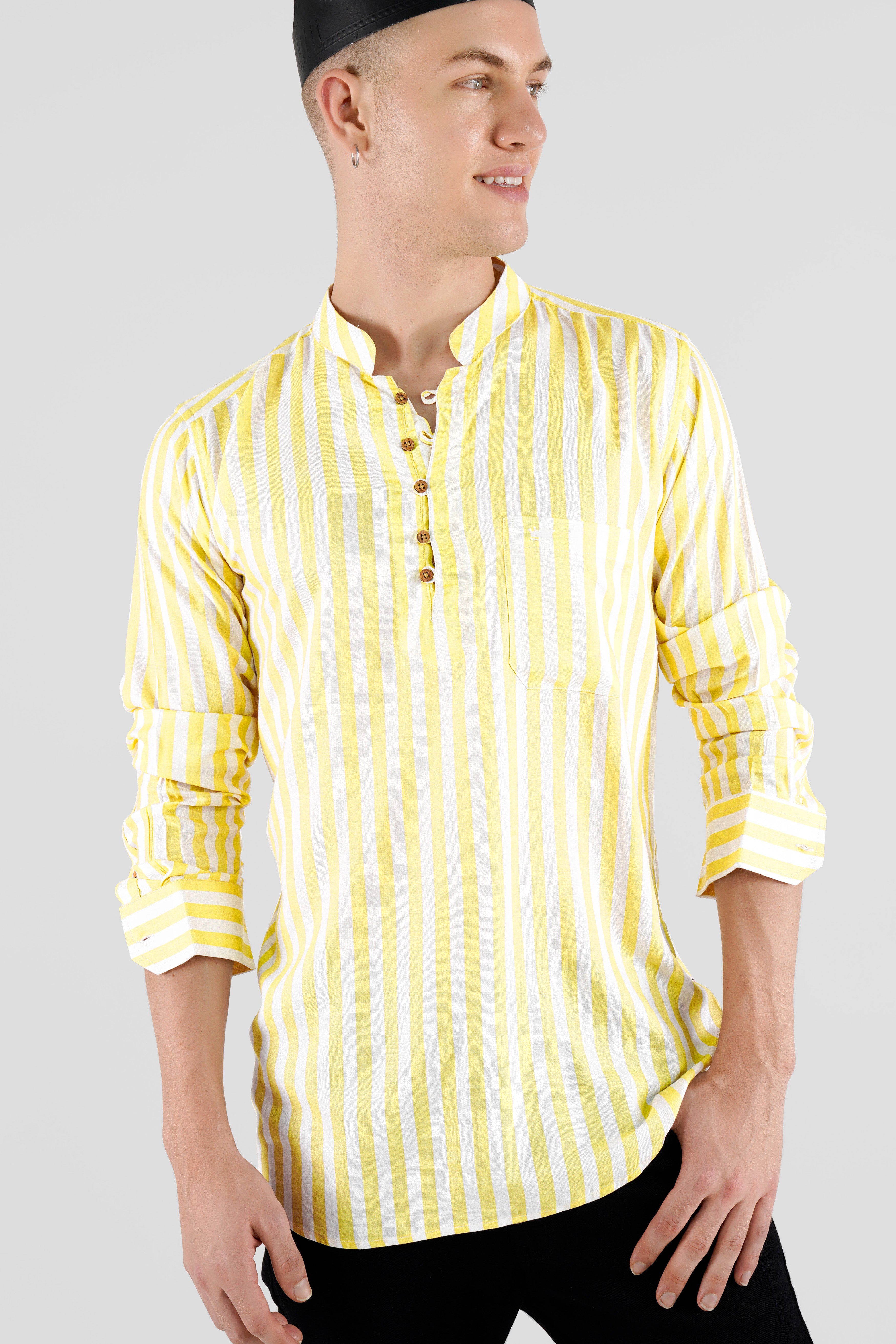 Bright White with Picasso Yellow Striped Premium Tencel Kurta Shirt