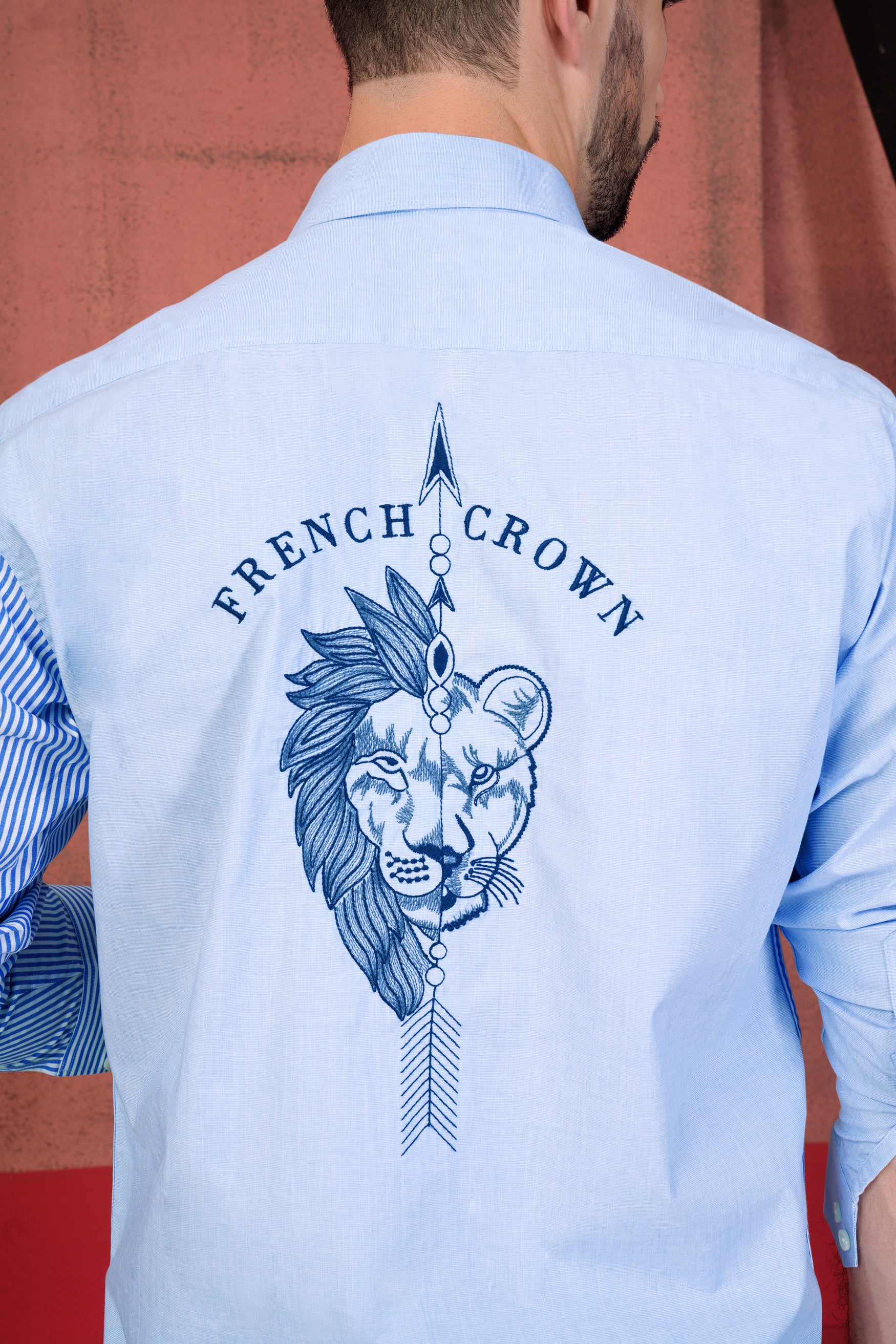 Cloudy Blue and Azure Blue Striped Half Lion and Half Lioness Face Embroidered Premium Cotton Designer Shirt
