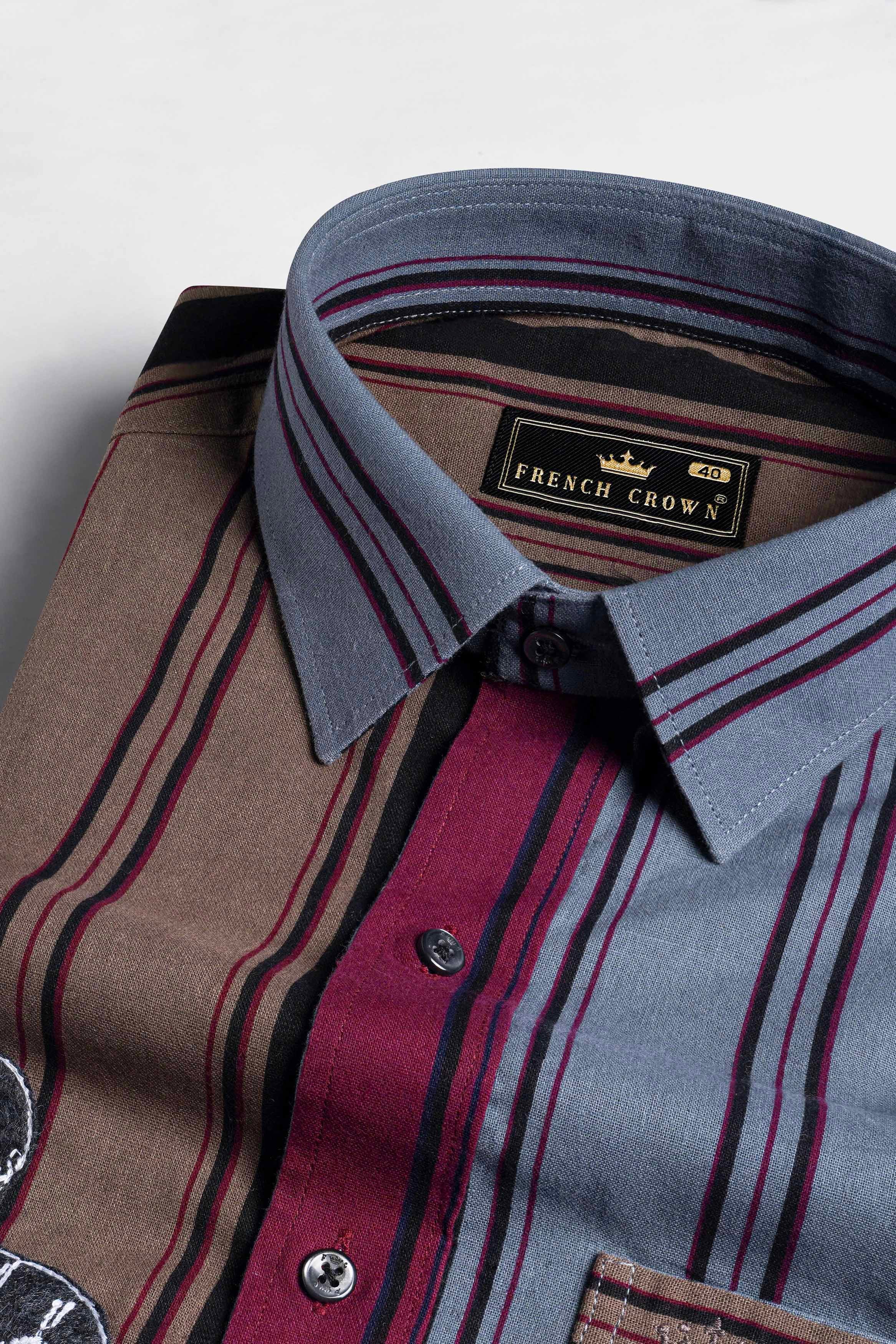 Aubergine Maroon and Fuscous Brown Striped with Funky Patchwork Royal Oxford Designer Shirt