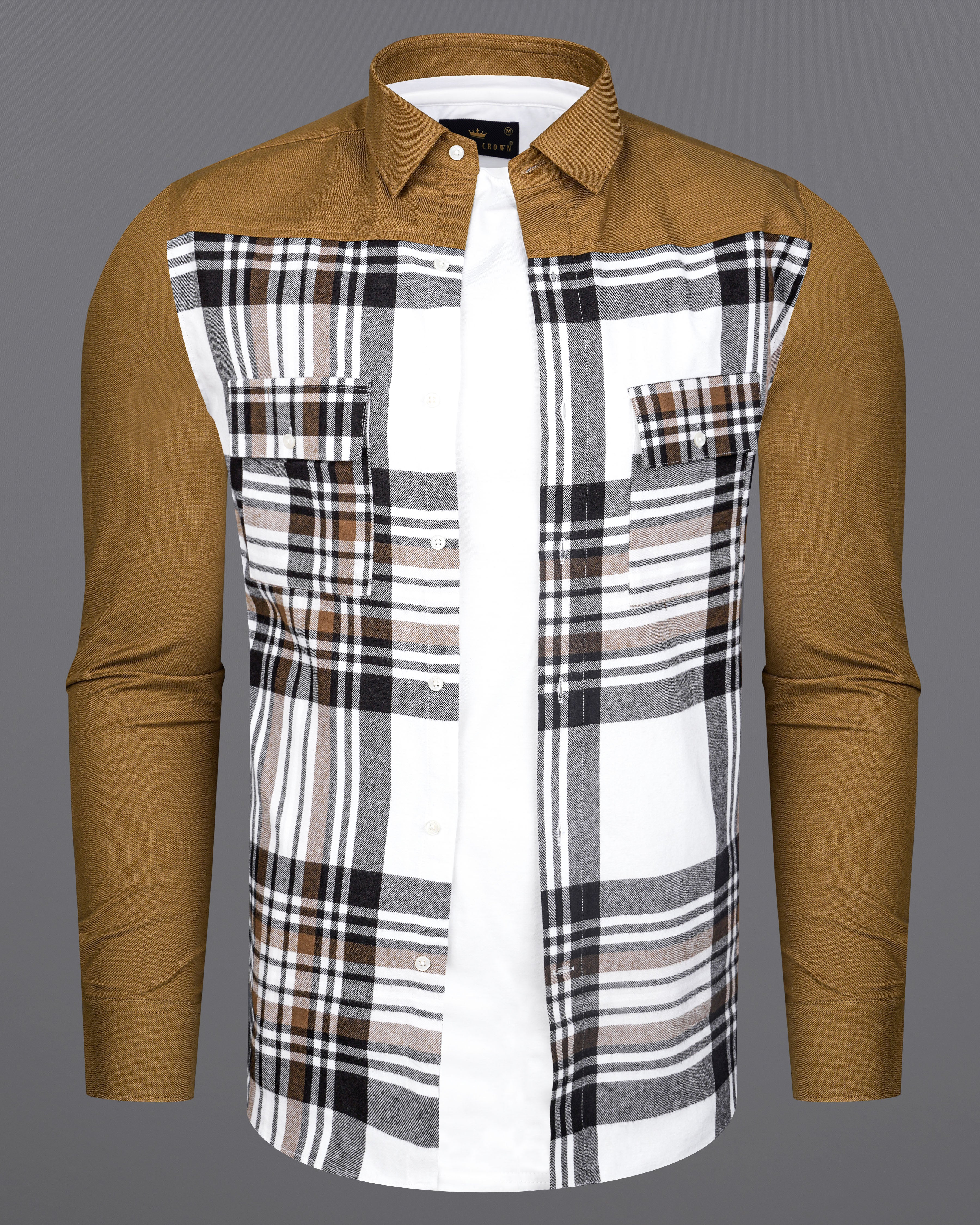 Bright White with potters Clay Brown Plaid Flannel Designer Overshirt/Shacket