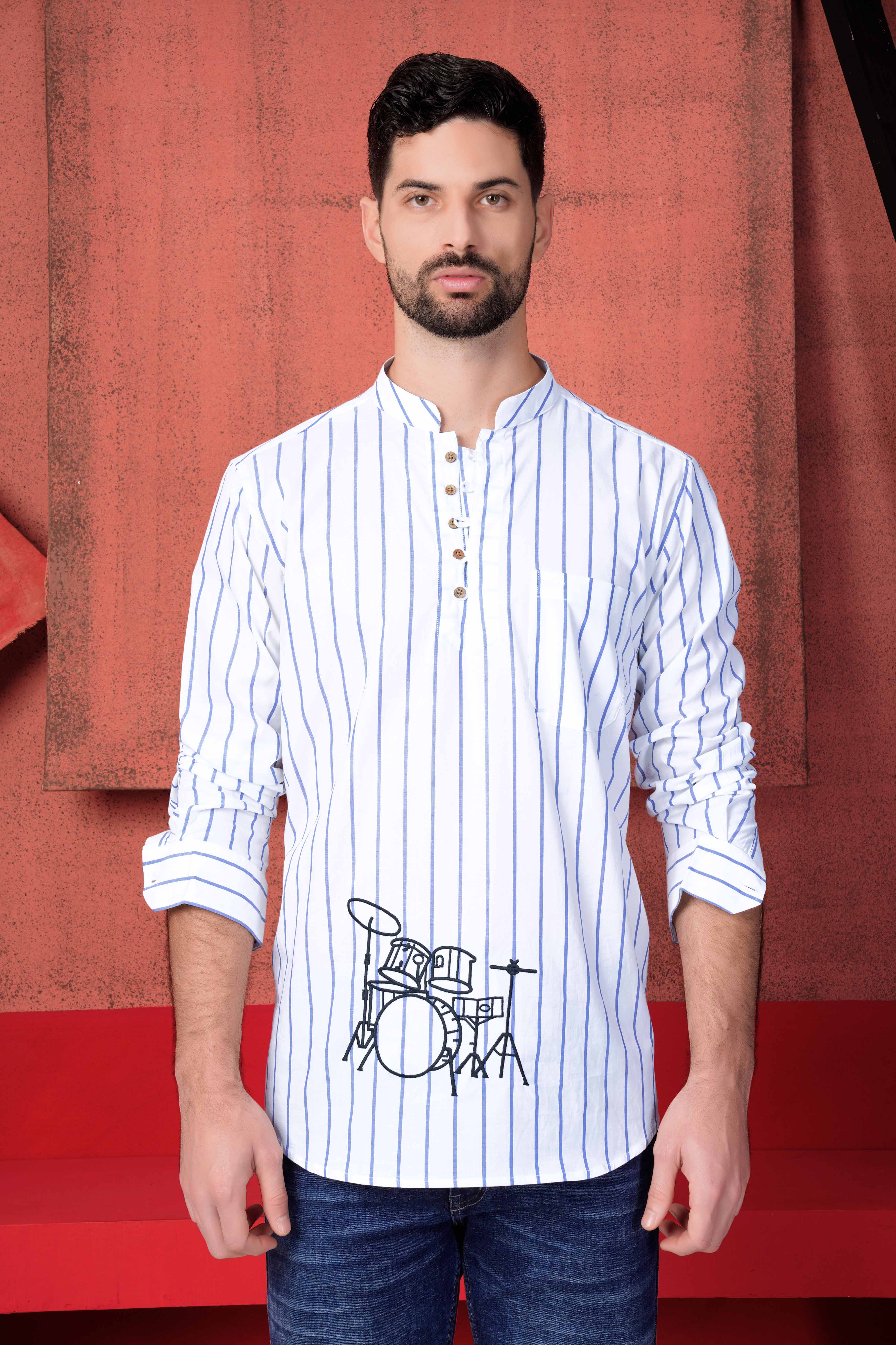Bright White and Danube Blue Striped with Drum Set Embroidered Premium Cotton Designer Kurta Shirt