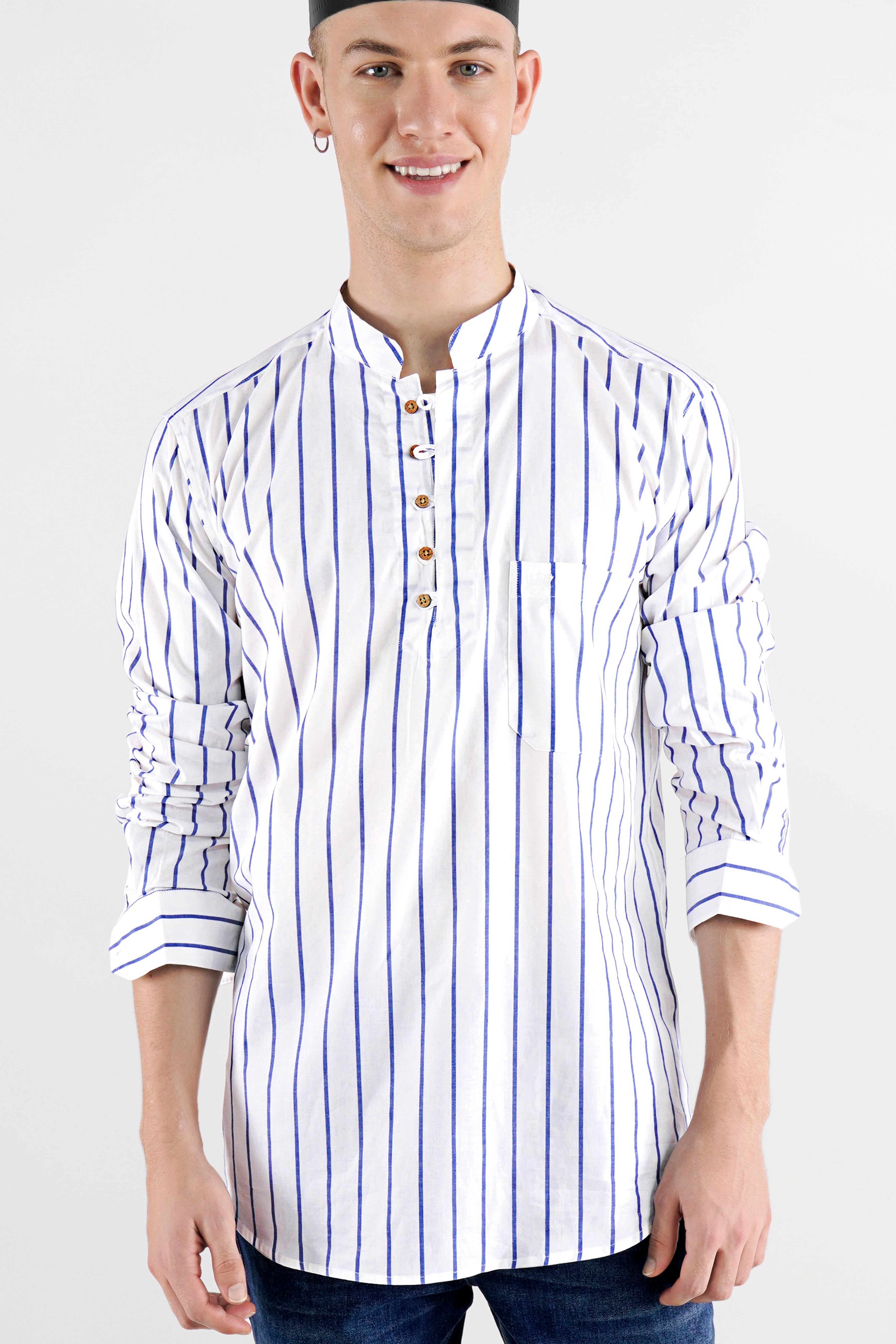 Bright White and Waikawa Blue Striped with Funky Printed Premium Cotton Designer Kurta Shirt
