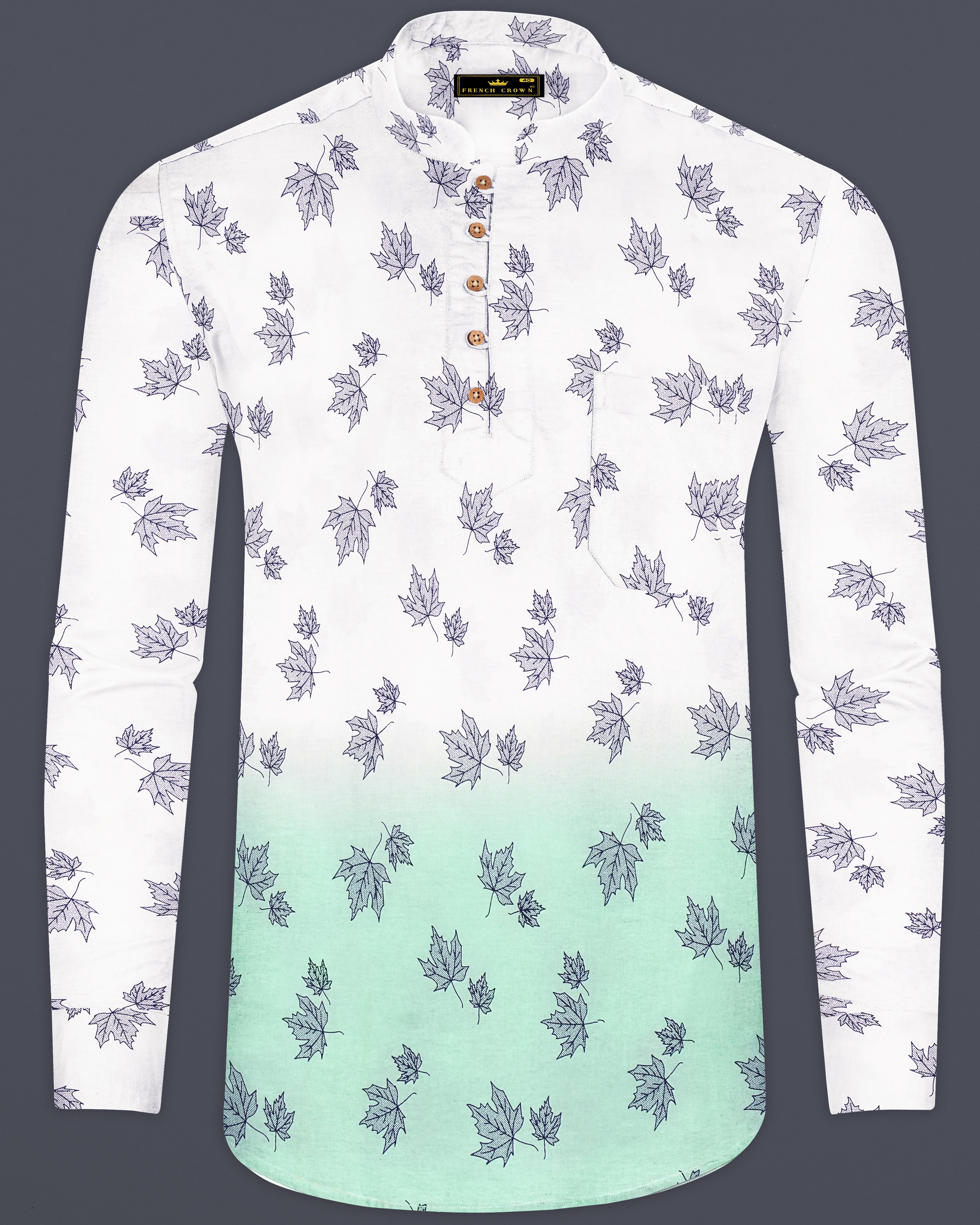 Bright White with Cruise Aqua Green Leaves Printed Premium Cotton Kurta Shirt