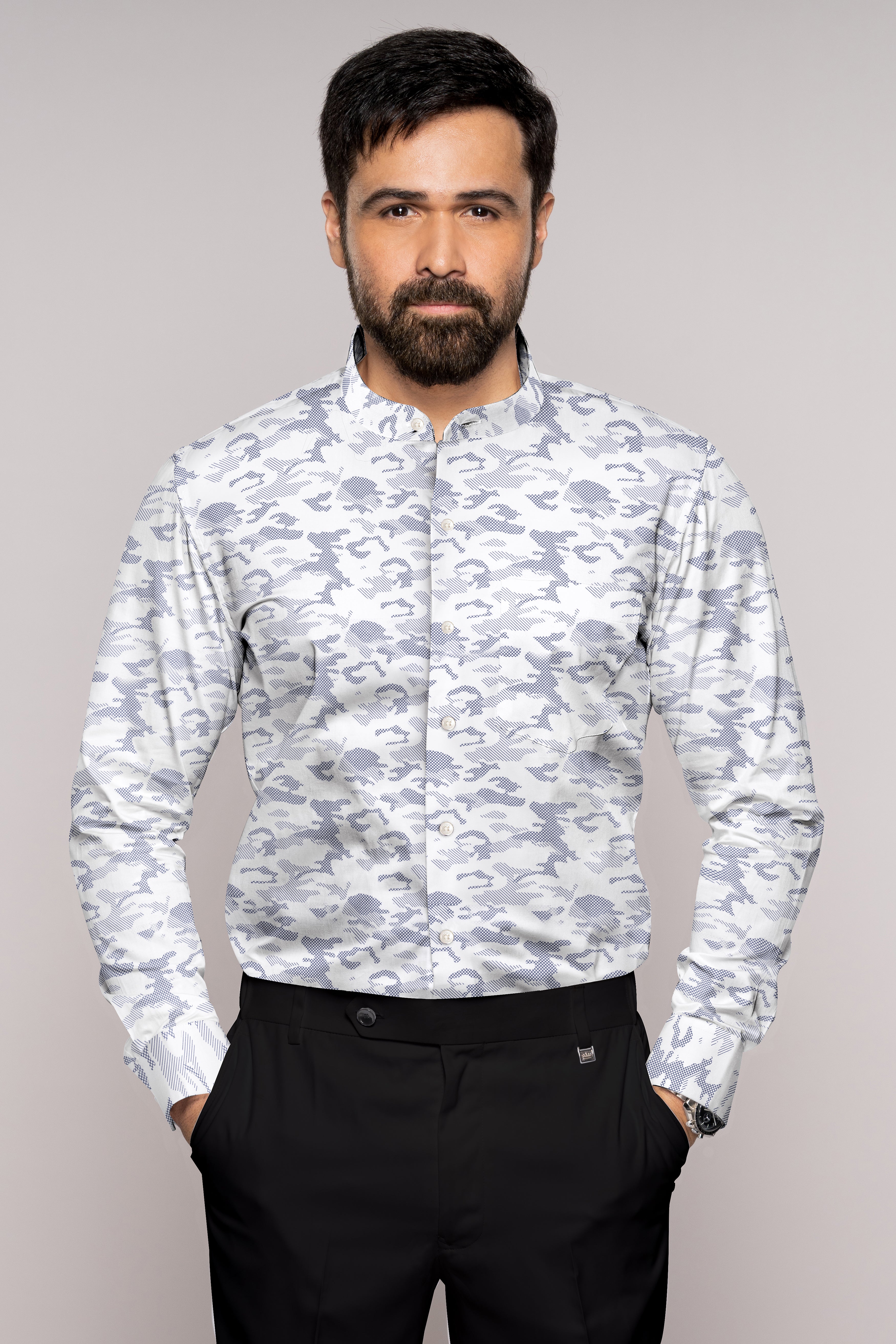 Bright White with Haiti Navy Blue Stitched Design Super Soft Premium Cotton Shirt