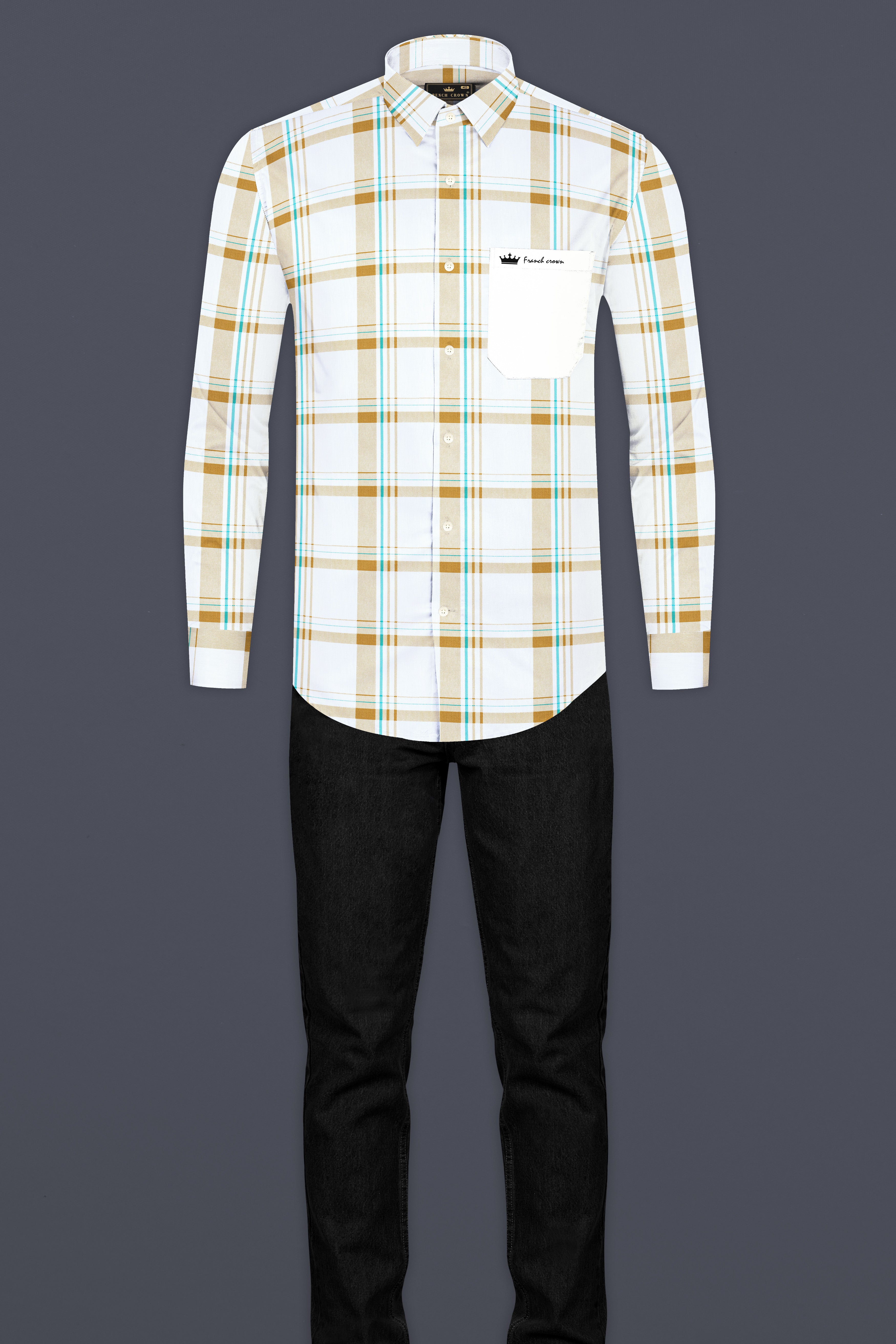 Bright White with Alpine Brown Plaid Premium Cotton Designer Shirt