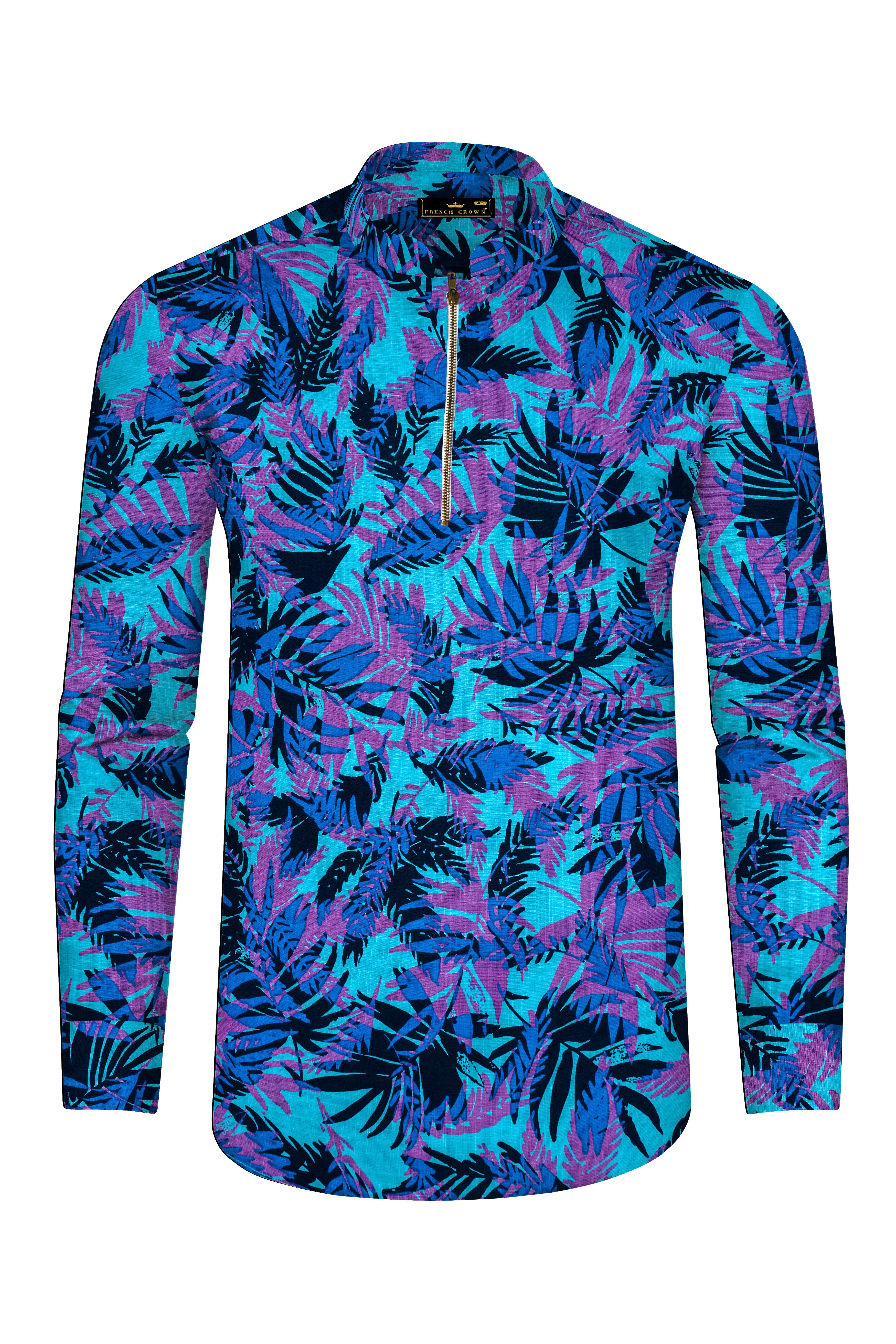 Mariner Blue with Malbu Sky Blue Leaves Printed Chambray Shirt with Zipper Closure