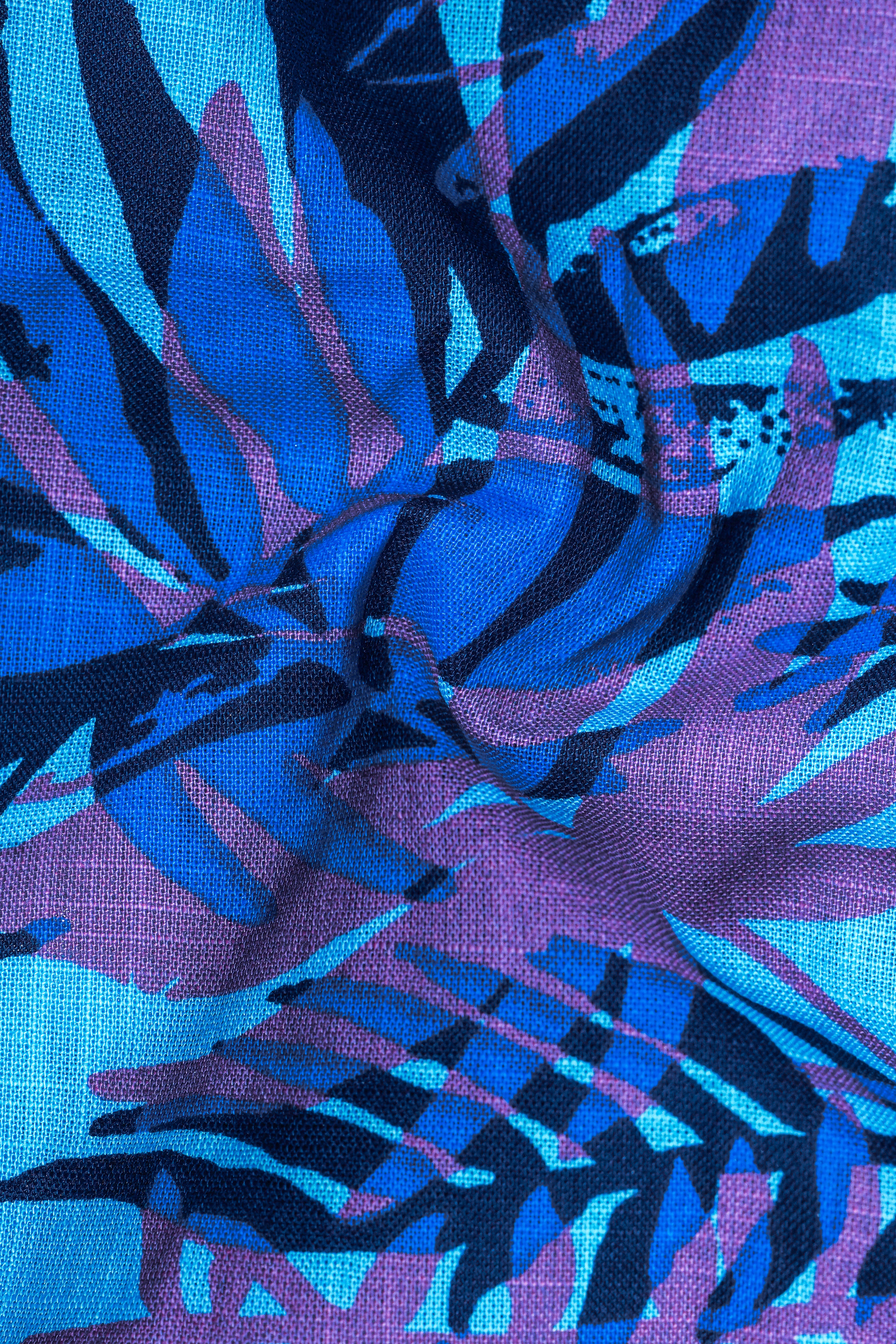 Mariner Blue with Malbu Sky Blue Leaves Printed Chambray Shirt with Zipper Closure