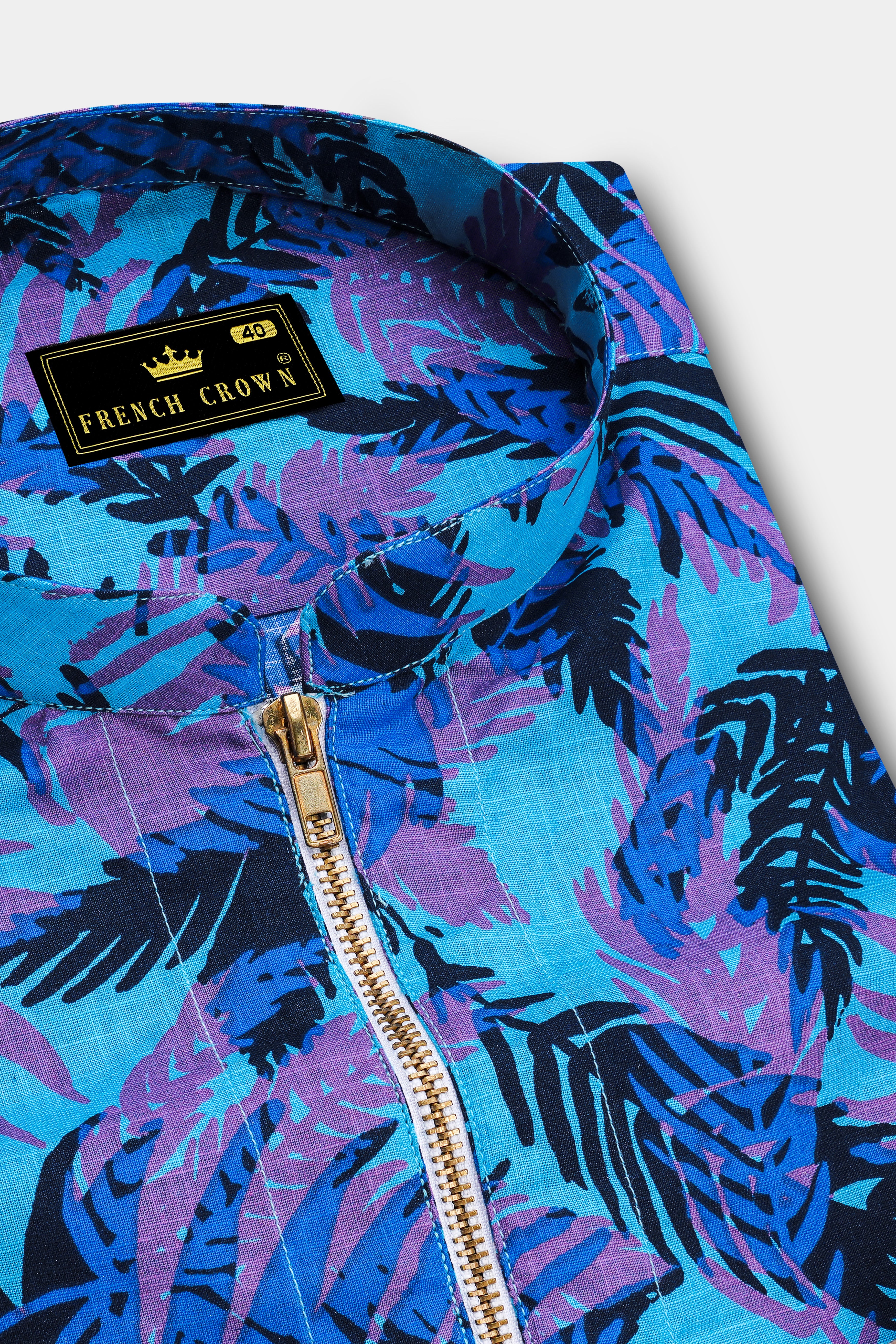 Mariner Blue with Malbu Sky Blue Leaves Printed Chambray Shirt with Zipper Closure