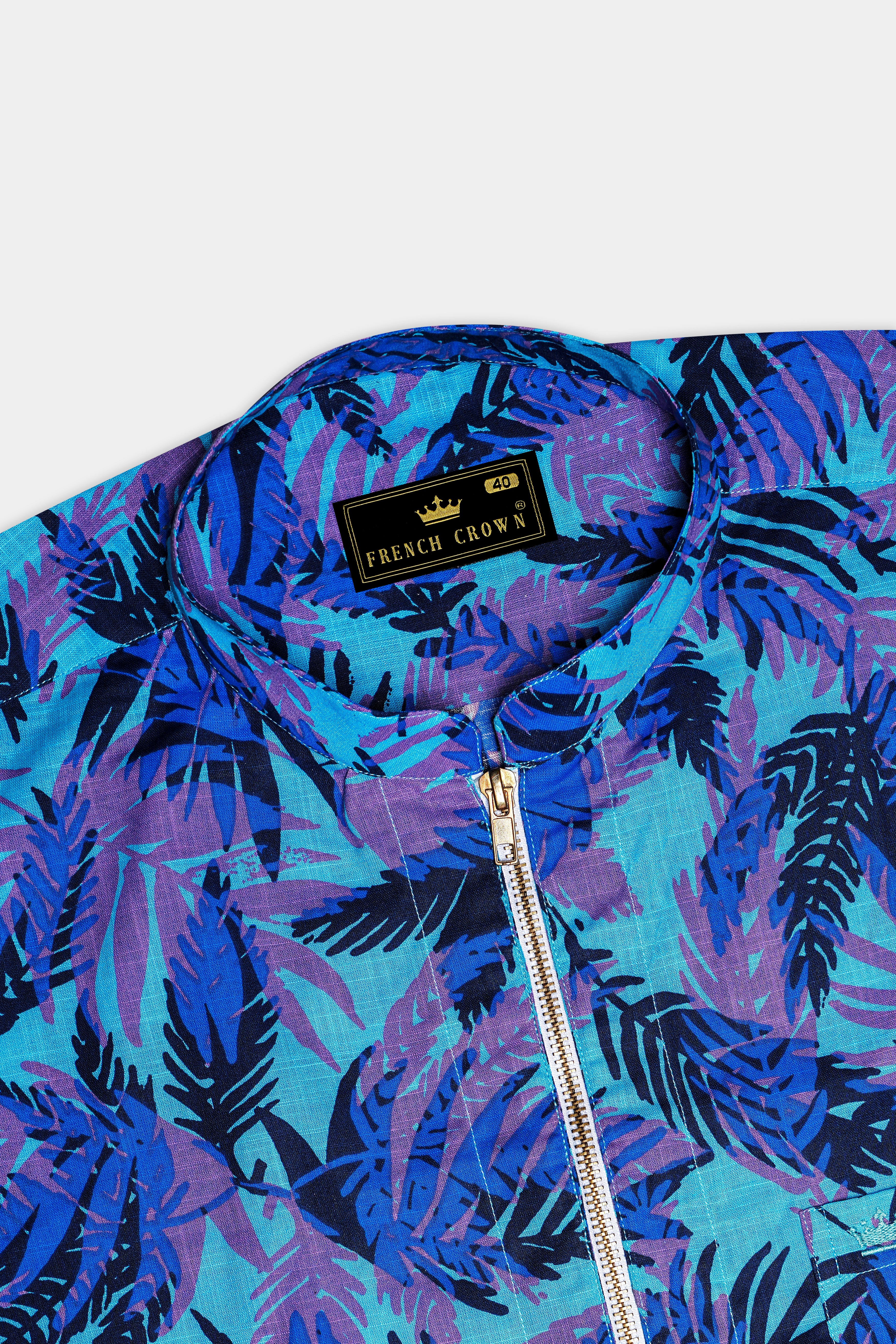 Mariner Blue with Malbu Sky Blue Leaves Printed Chambray Shirt with Zipper Closure