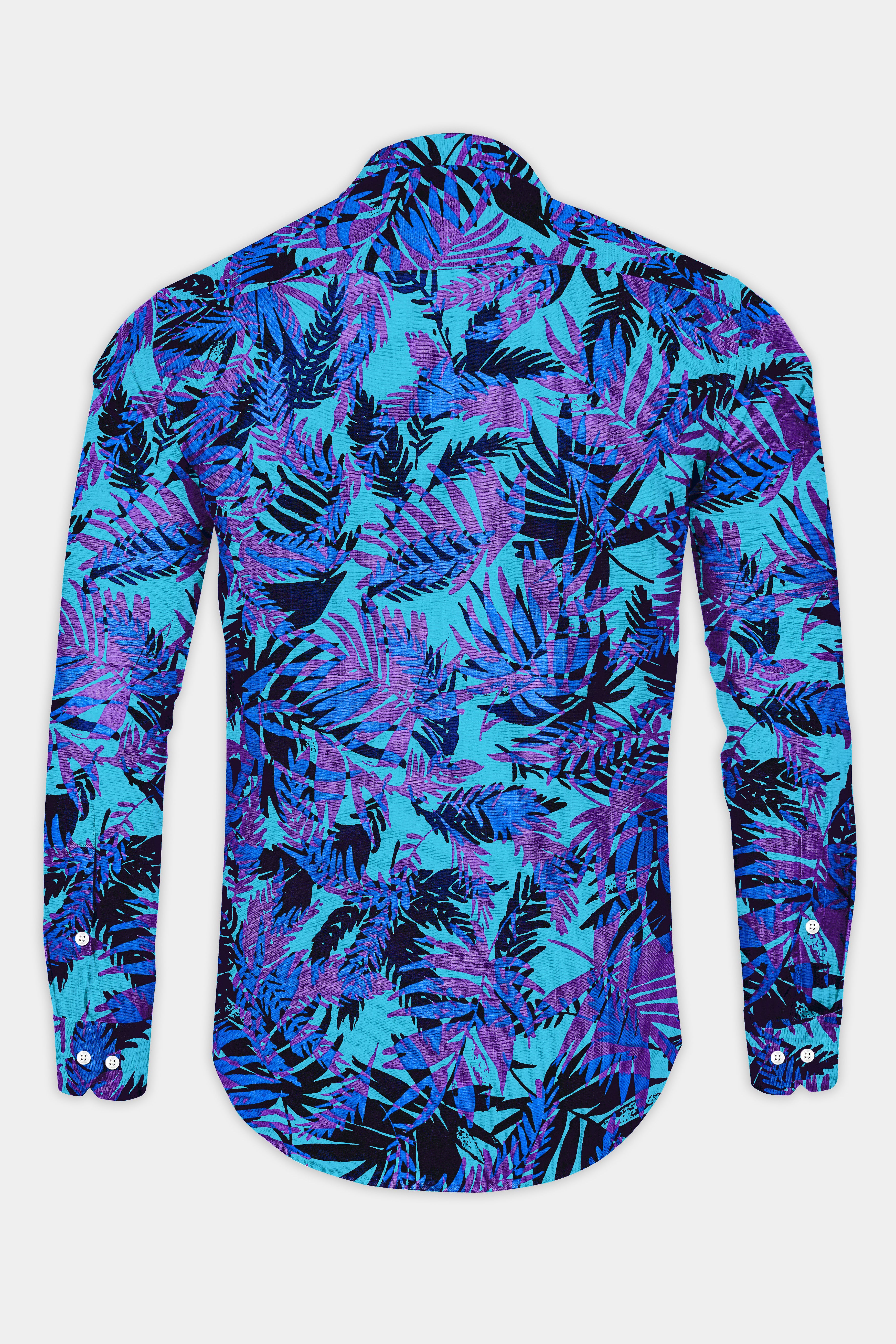 Mariner Blue with Malbu Sky Blue Leaves Printed Chambray Shirt with Zipper Closure