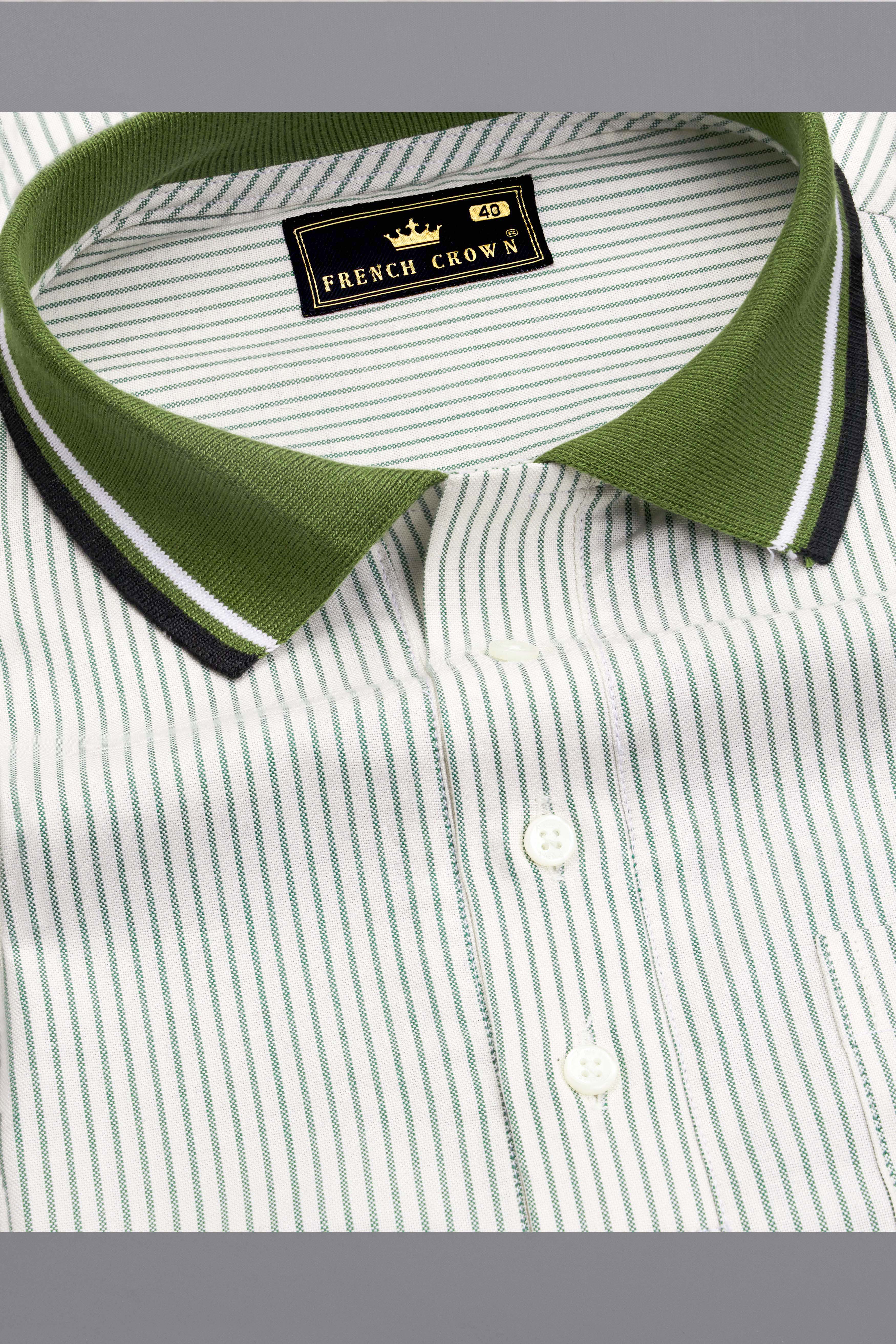 Bright White with Lunar Green Striped Royal Oxford Designer Polo with Embroidered Work on Pocket