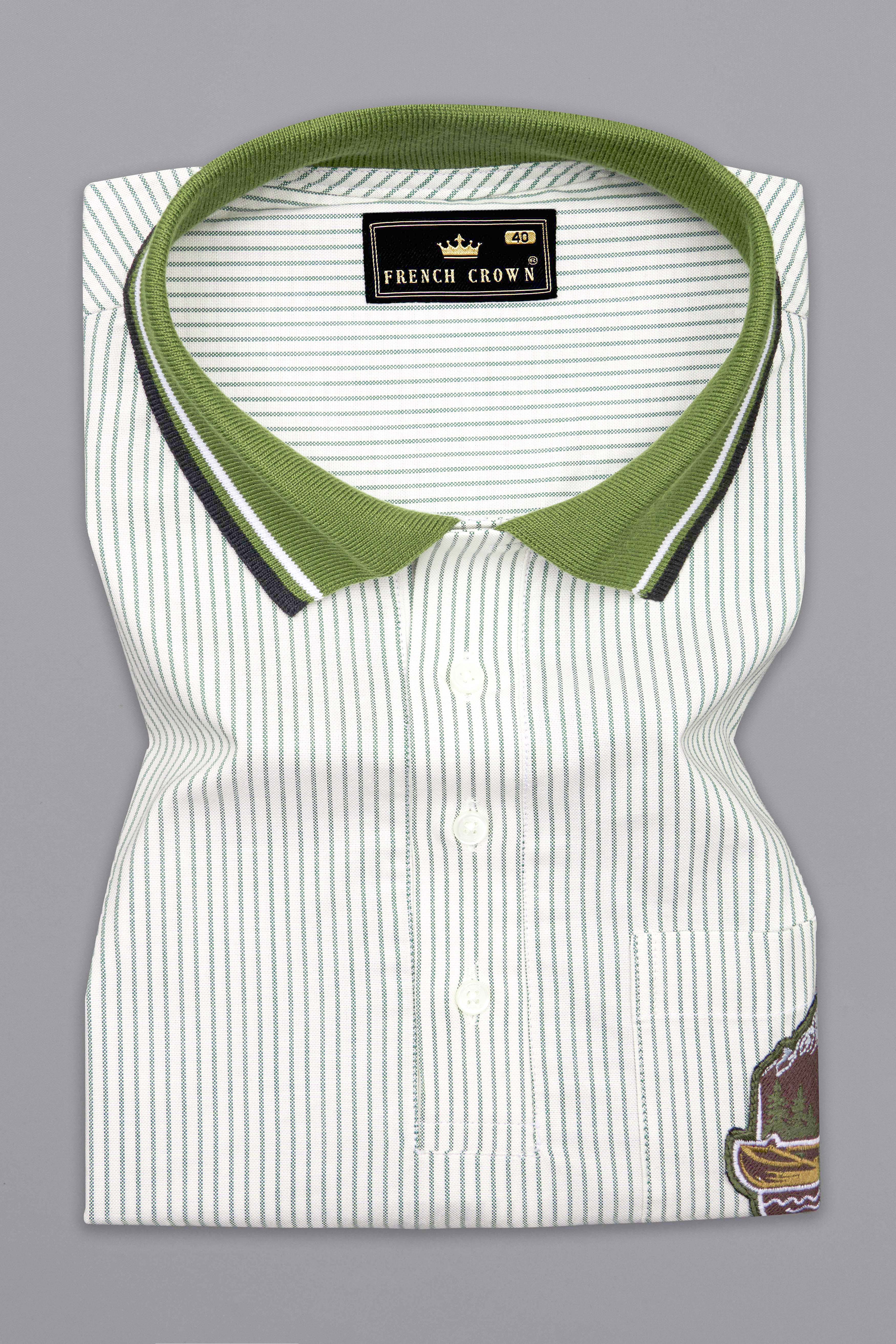 Bright White with Lunar Green Striped Royal Oxford Designer Polo with Embroidered Work on Pocket
