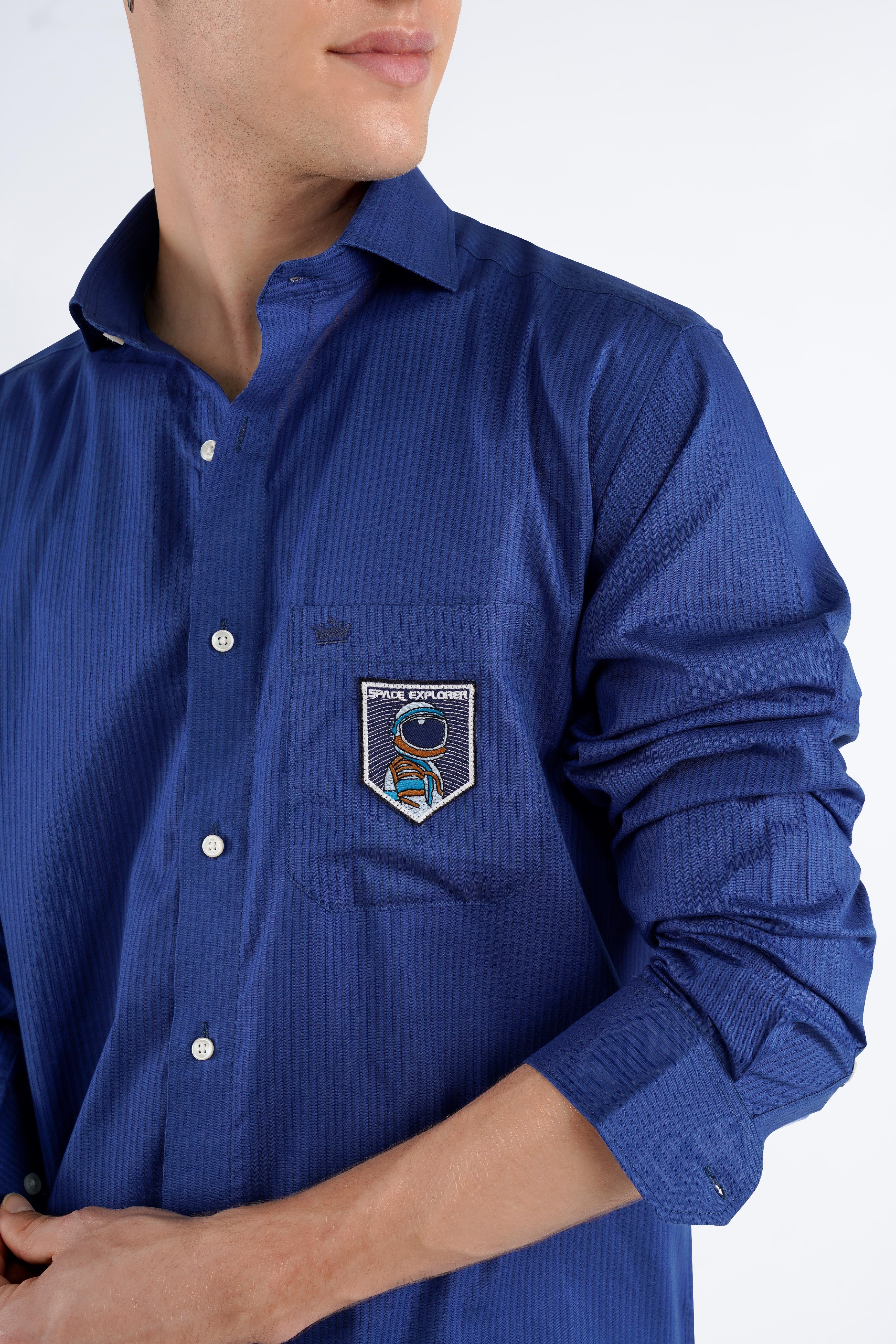 Rhino Blue Pinstriped with Patchwork Dobby Premium Giza Cotton Designer Shirt