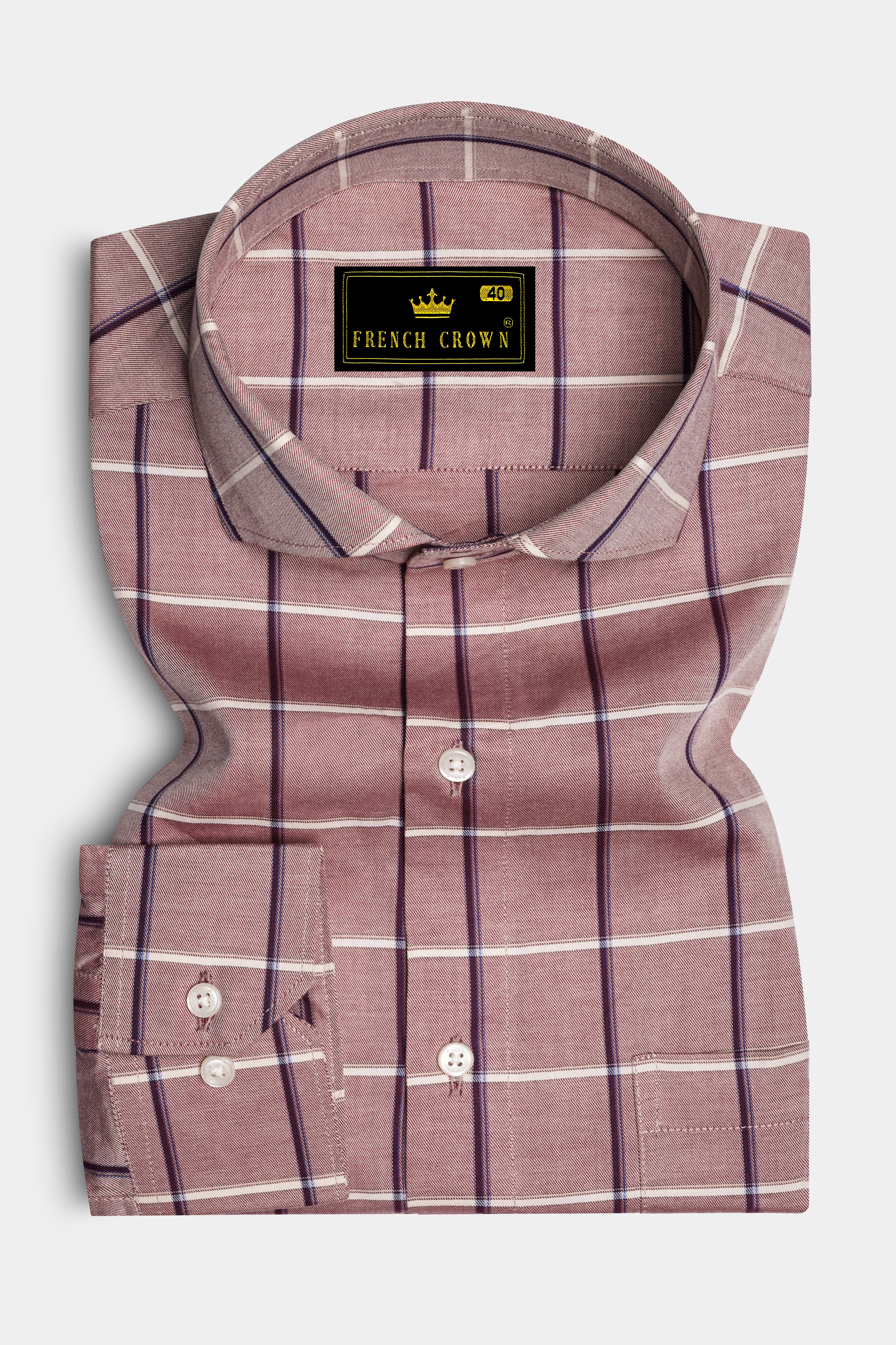 Oriental Peach with Mardi Maroon Twill Checked Premium Cotton Shirt