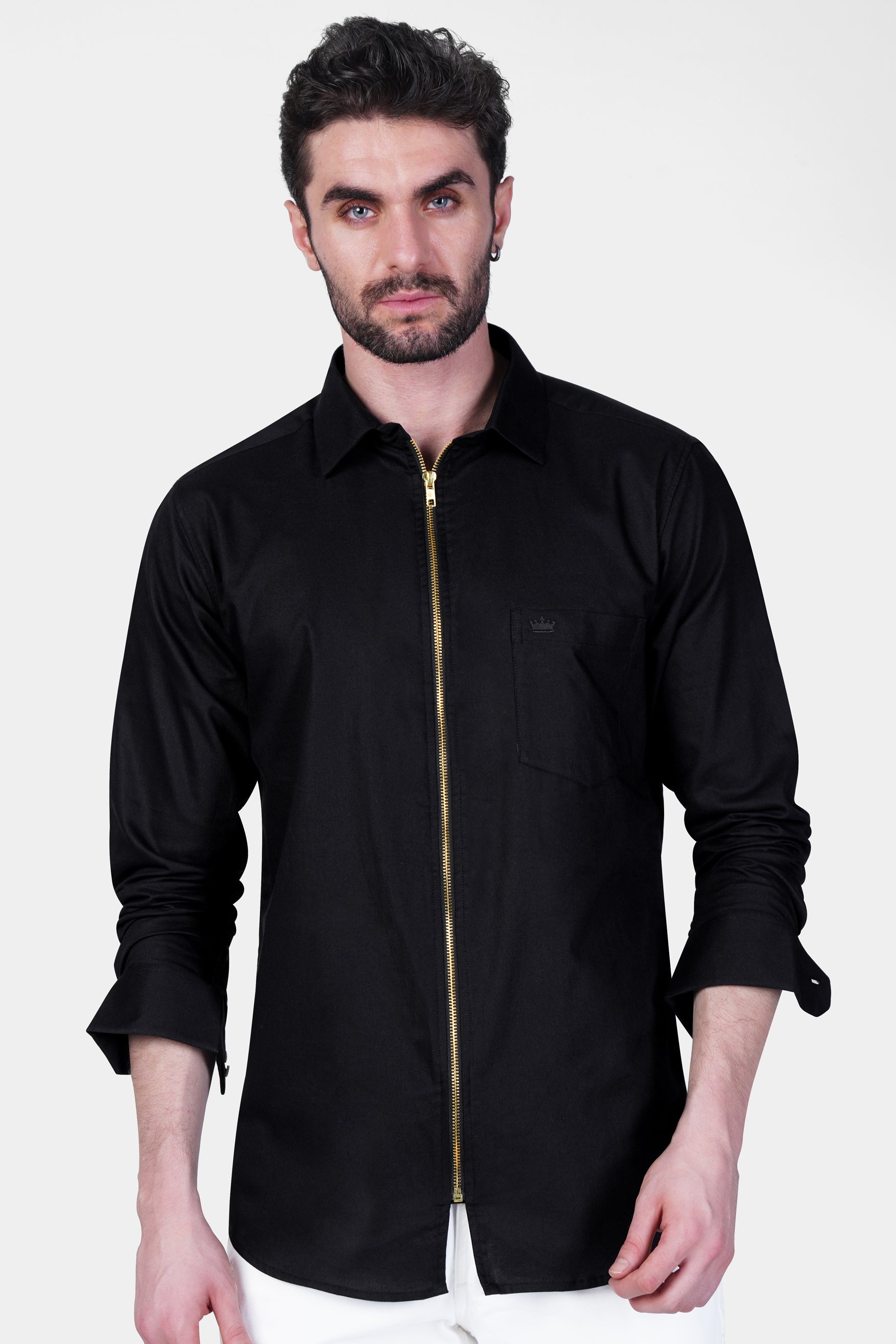 Jade Black Royal Oxford Designer Overshirt with Zipper Closure