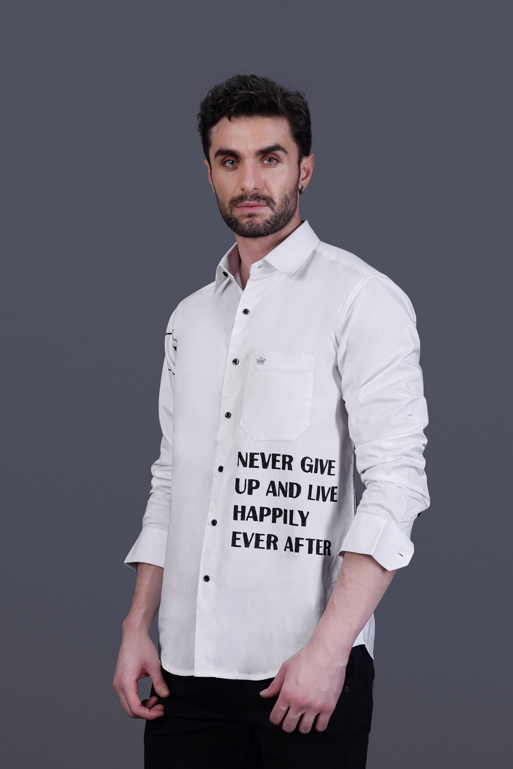 Bright White Teddy and Motivational Quote Hand Painted Royal Oxford Designer Shirt