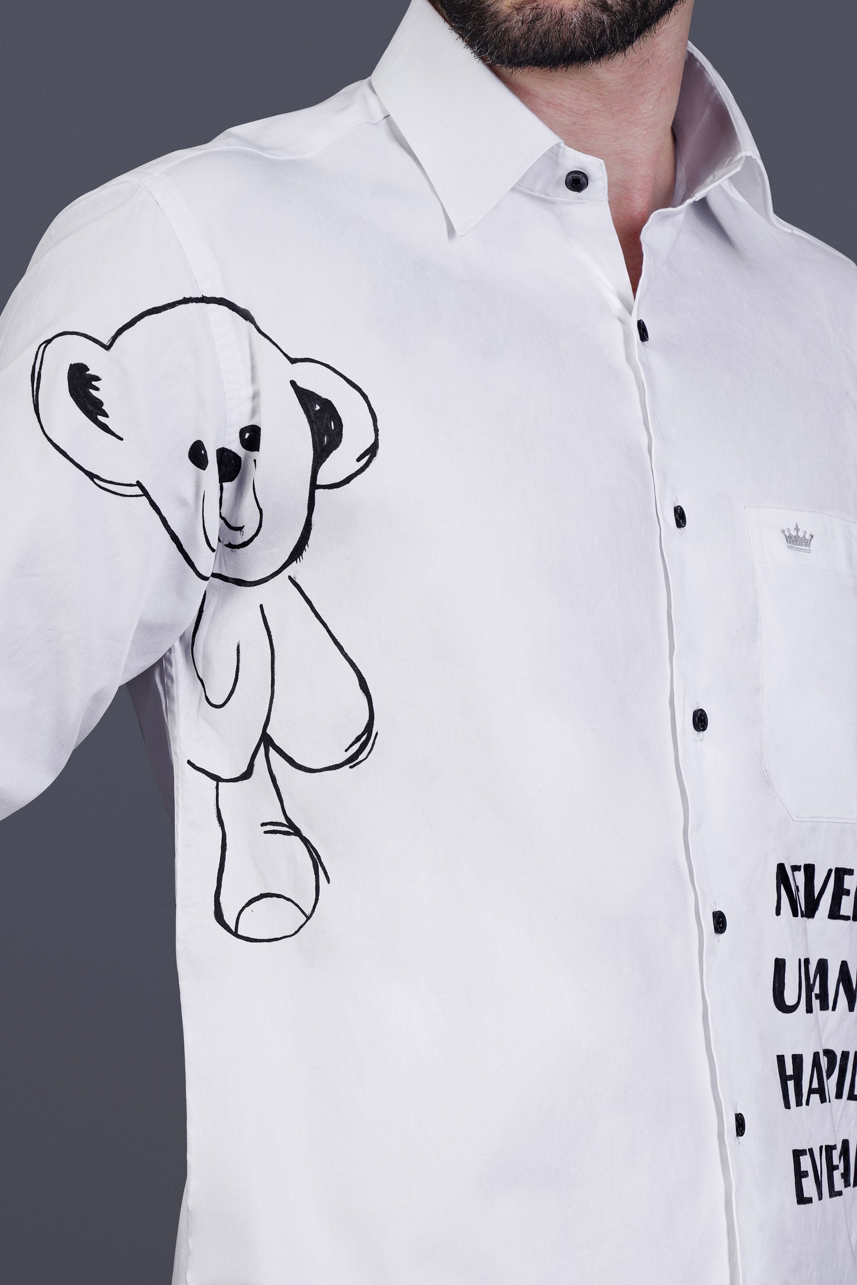 Bright White Teddy and Motivational Quote Hand Painted Royal Oxford Designer Shirt