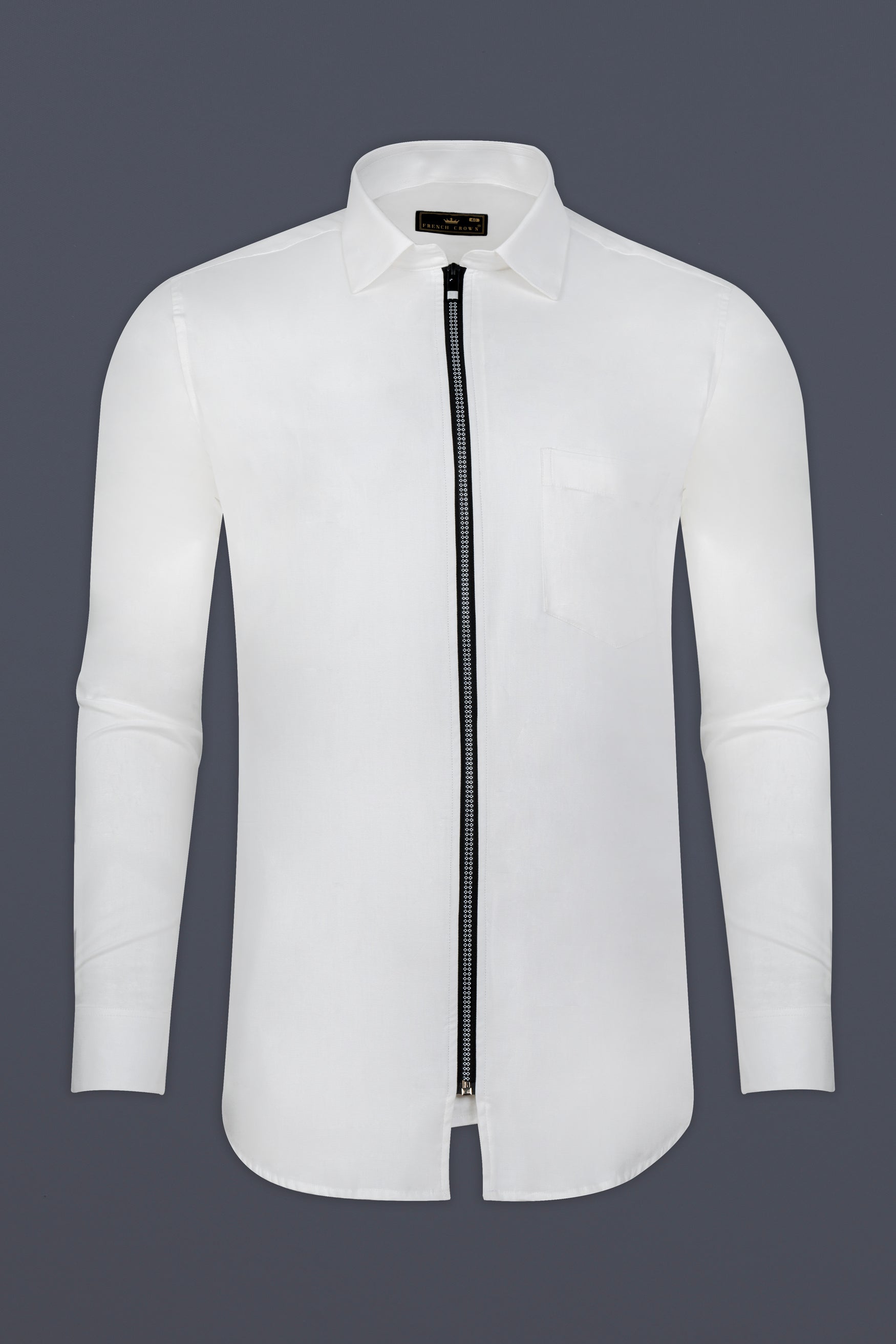 Bright White Dobby Textured Premium Giza Cotton Designer Overshirt with Zipper Closure