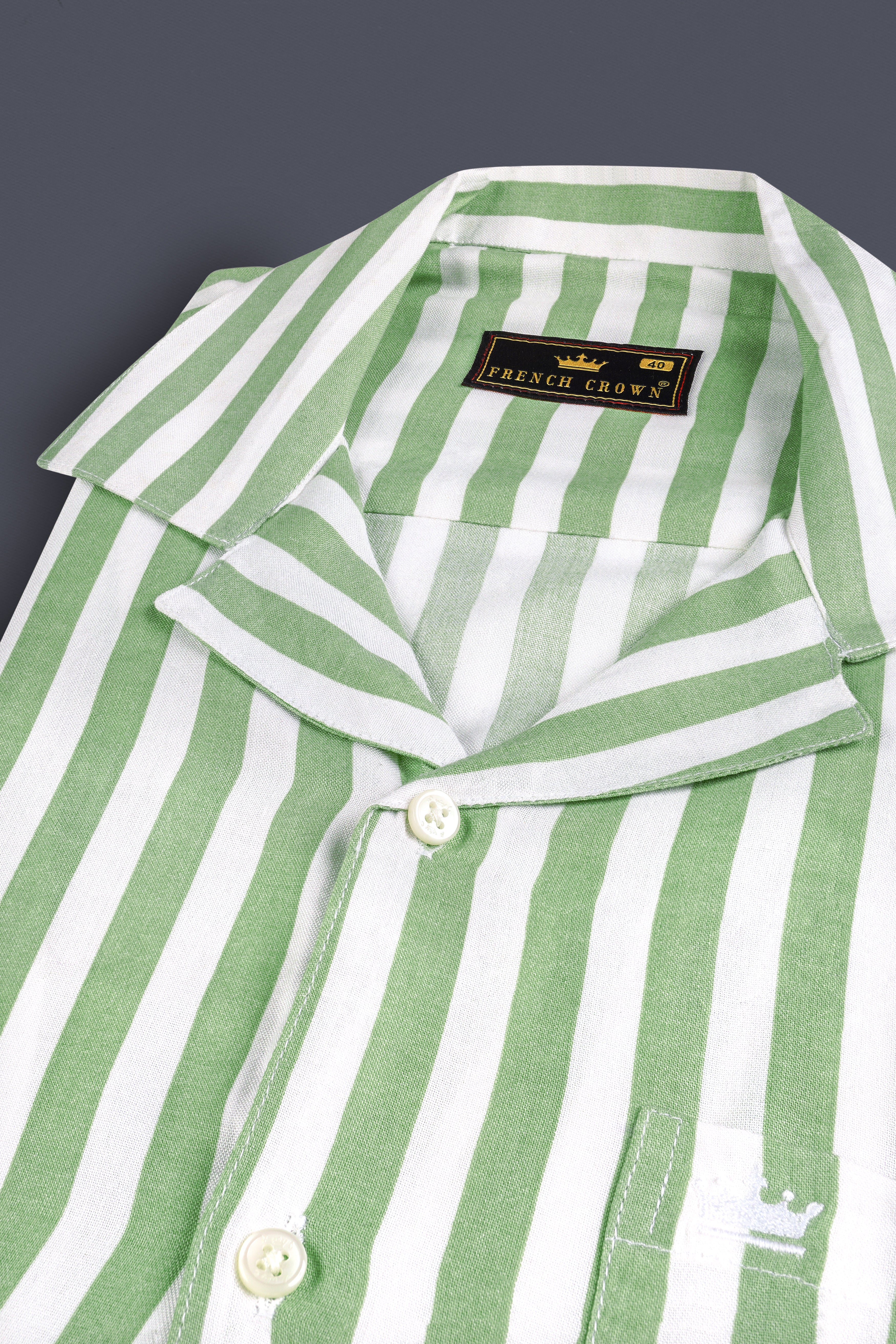 Bright White with Lichen Green Striped Premium Tencel Shirt