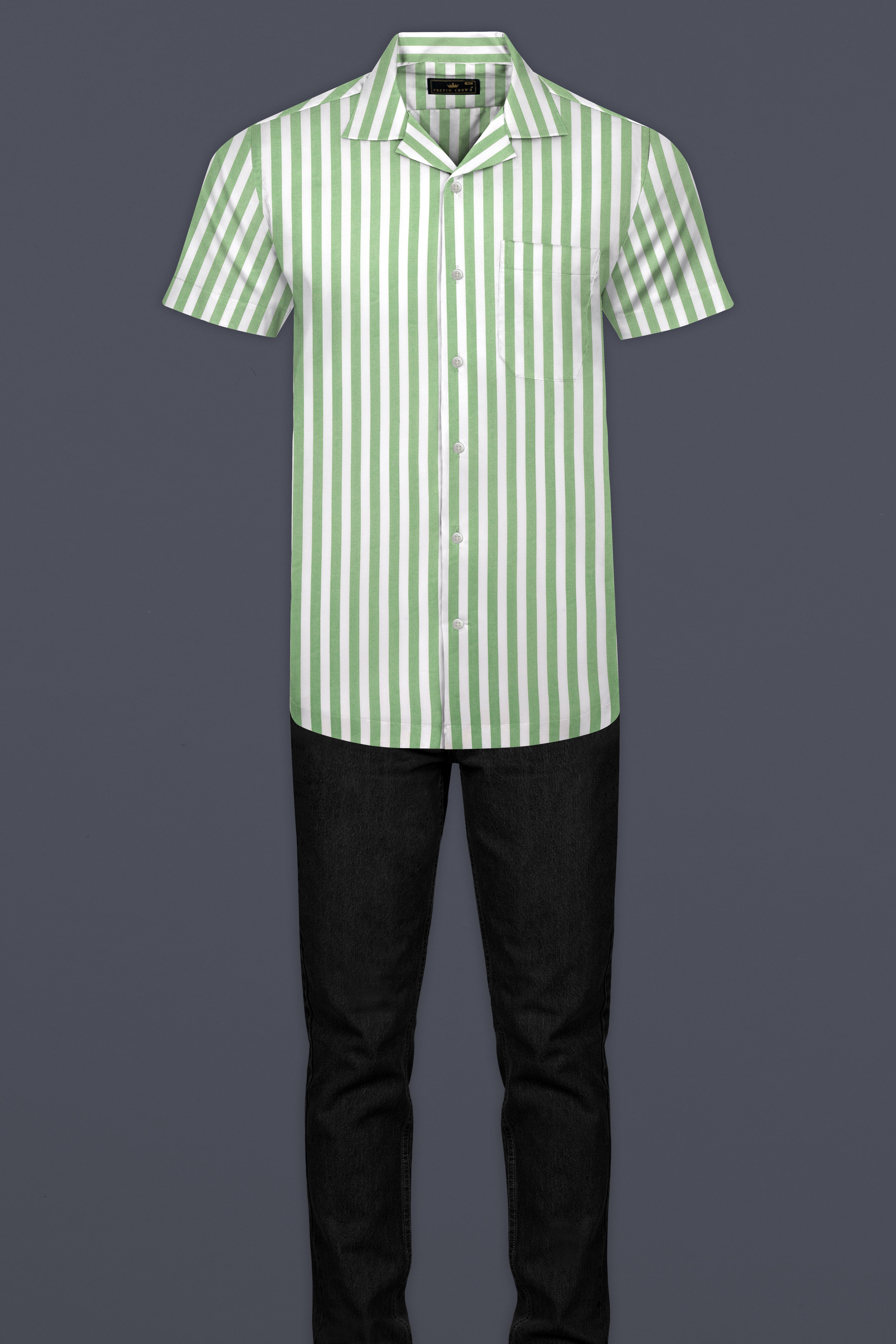 Bright White with Lichen Green Striped Premium Tencel Shirt