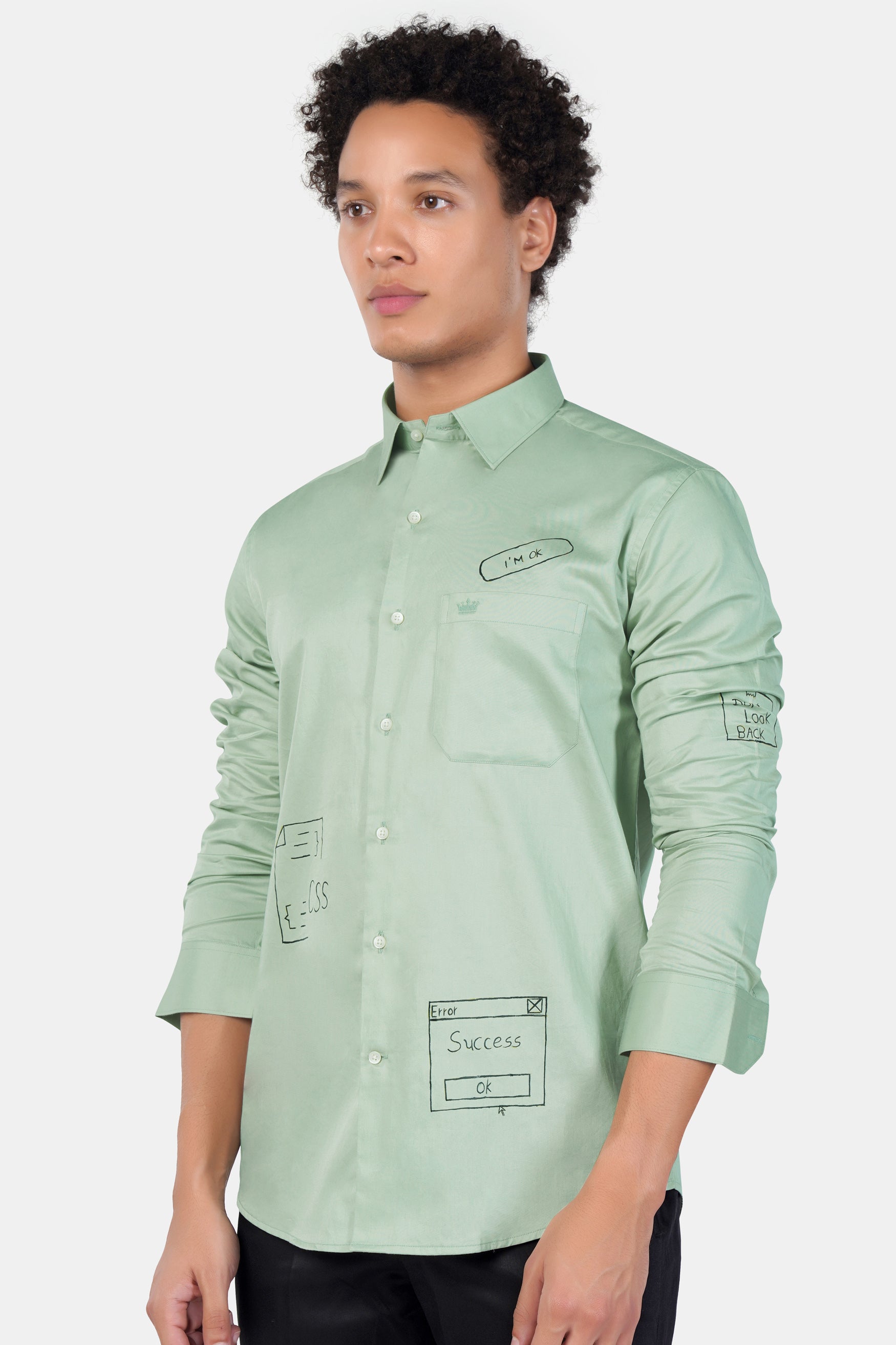 Clay Ash Green Workaholic Theme Hand Painted Subtle Sheen Super Soft Premium Cotton Designer Shirt